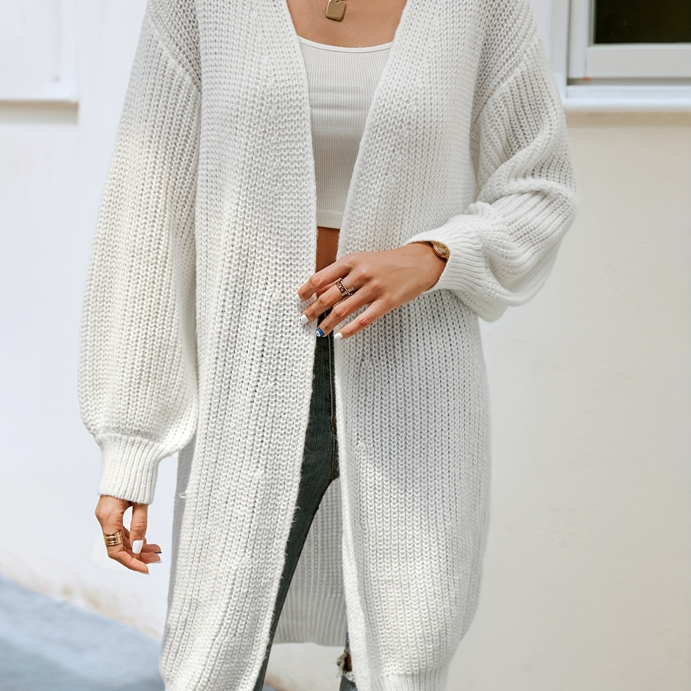 

Drop Shoulder Solid Knit Cardigan, Open Front Long Sleeve Sweater, Women's Clothing