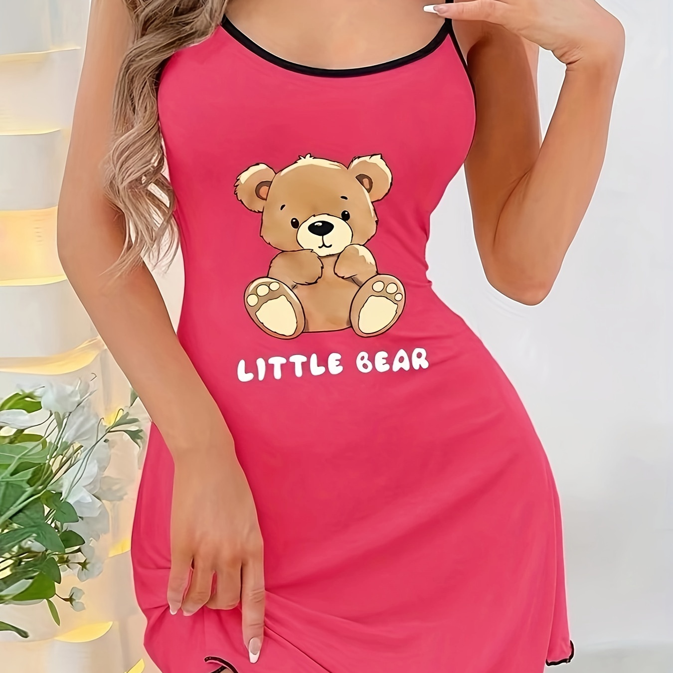 

Cute Bear & Letter Print Nightgown, Round Neck Backless Frill Trim Slip Dress, Women's Sleepwear