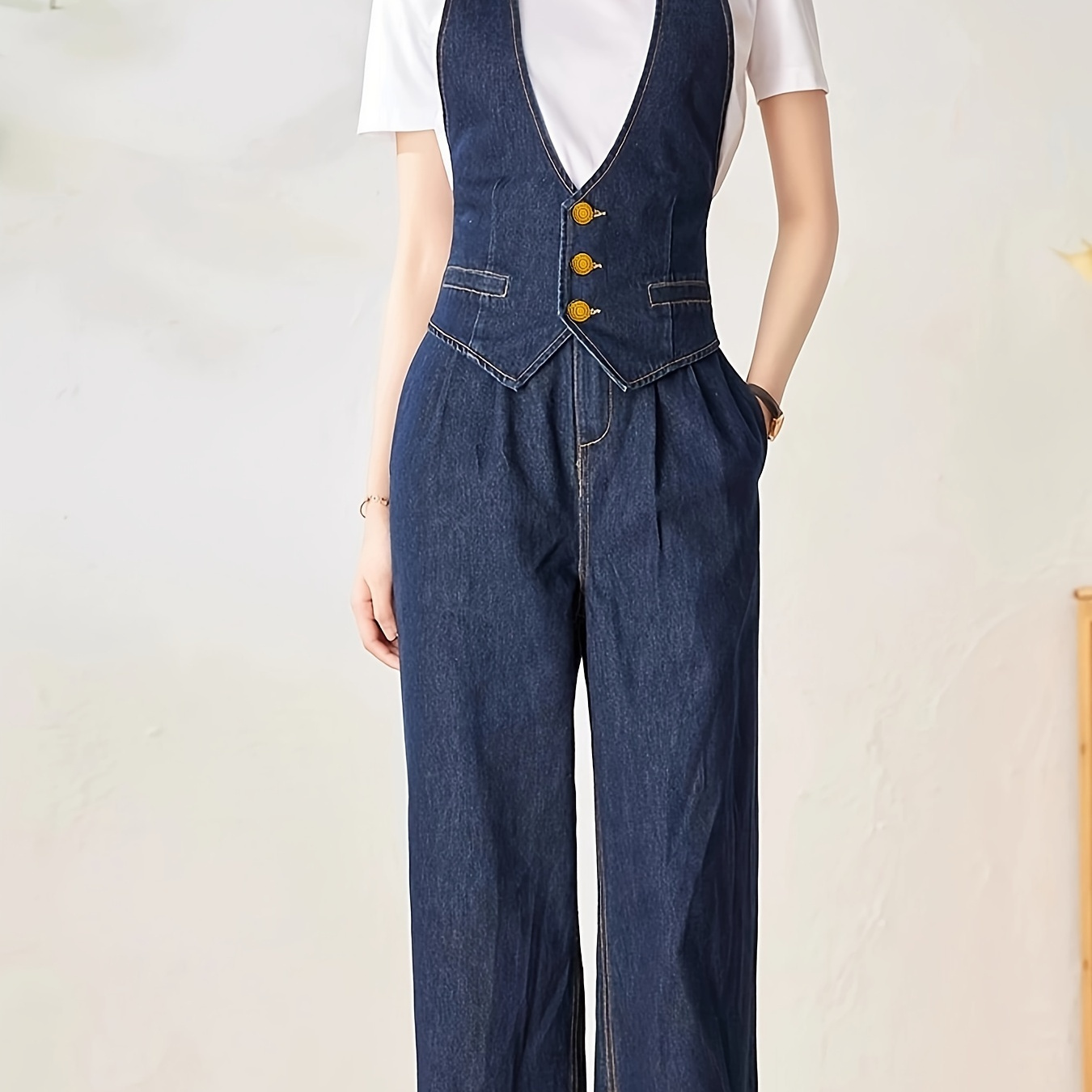 

Women's Elegant Denim Jumpsuit, Fashion V-neck Waist-cinched 2-in-1 Overalls, Suspender Work Pants, 4 Season Style