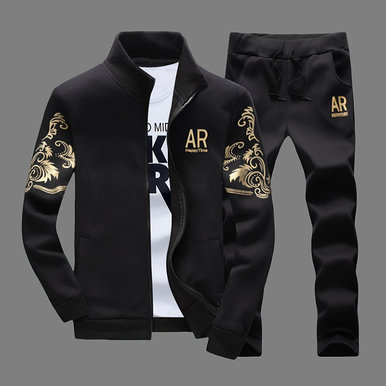 

[home Relaxation] Men's Casual Athletic Set - Stand Collar Zip-up Jacket With Floral Pattern And Waist Joggers, Polyester, Black & Golden, Running And Home Lounging