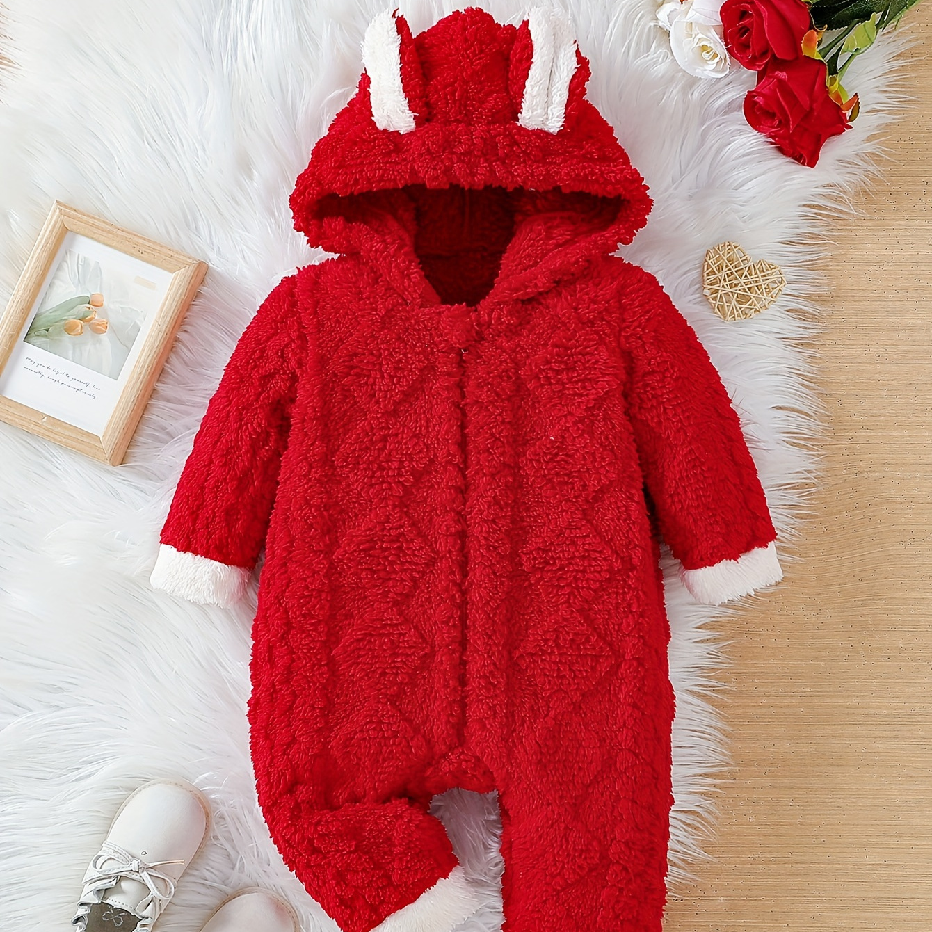 

Baby's Cute Bunny Ears Hooded Jacquard Bodysuit, Soft Casual Warm Long Sleeve Romper, Toddler & Infant Girl's Onesie For Fall Winter, As Gift