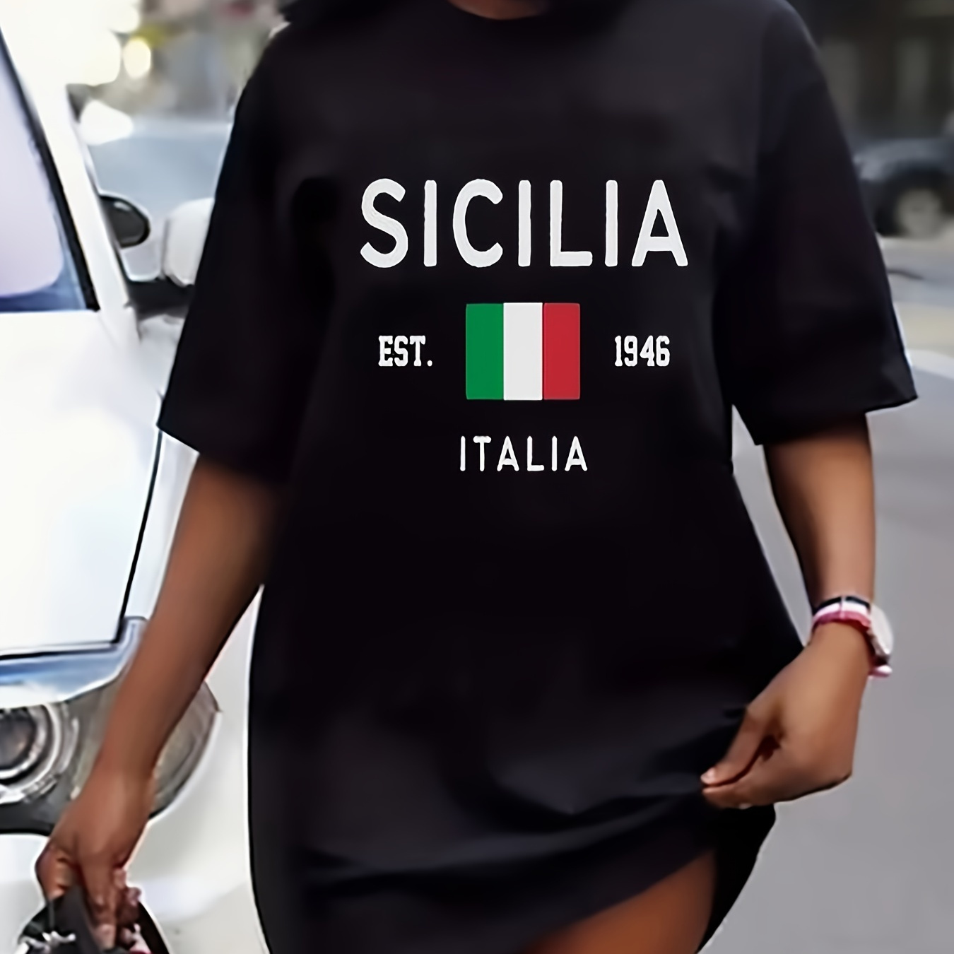 

Italia Print Tee Dress, Short Sleeve Crew Neck Casual Dress For Summer & Spring, Women's Clothing