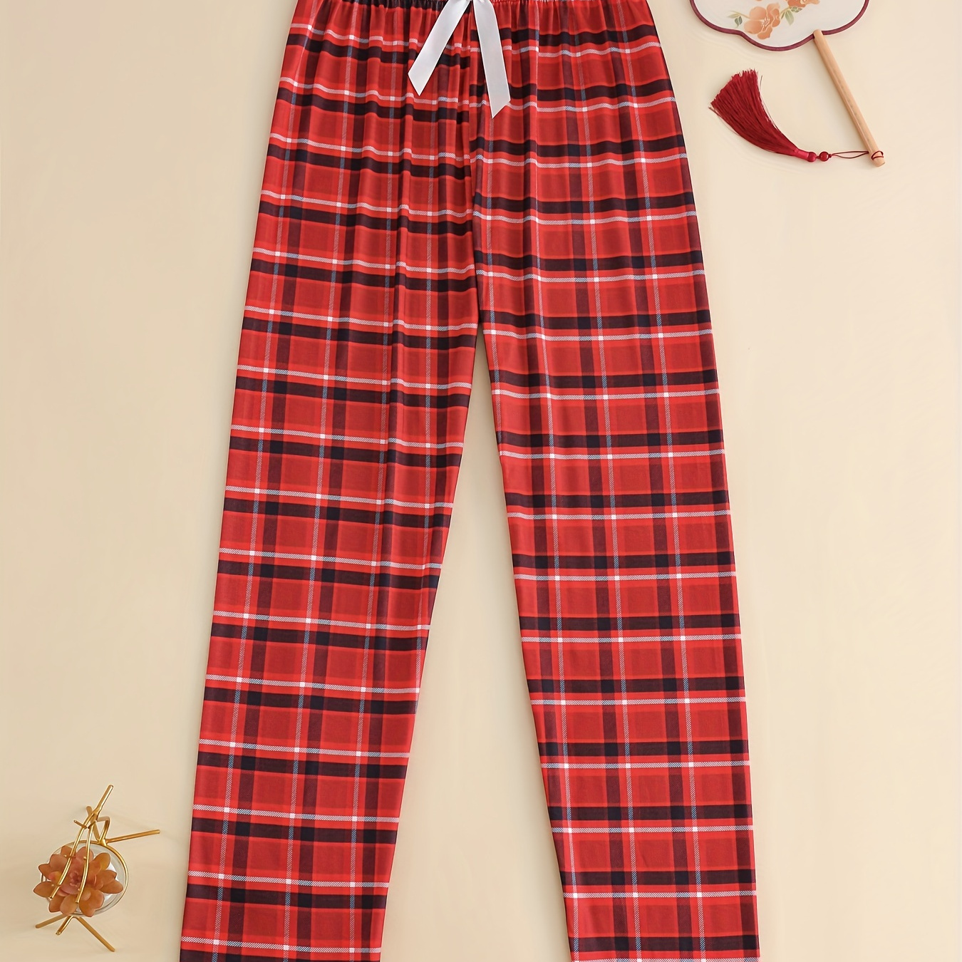 

Casual Print Bow Decor Pajama Bottoms, High Waist Loose Fit For Fall & Winter, Women's Sleepwear