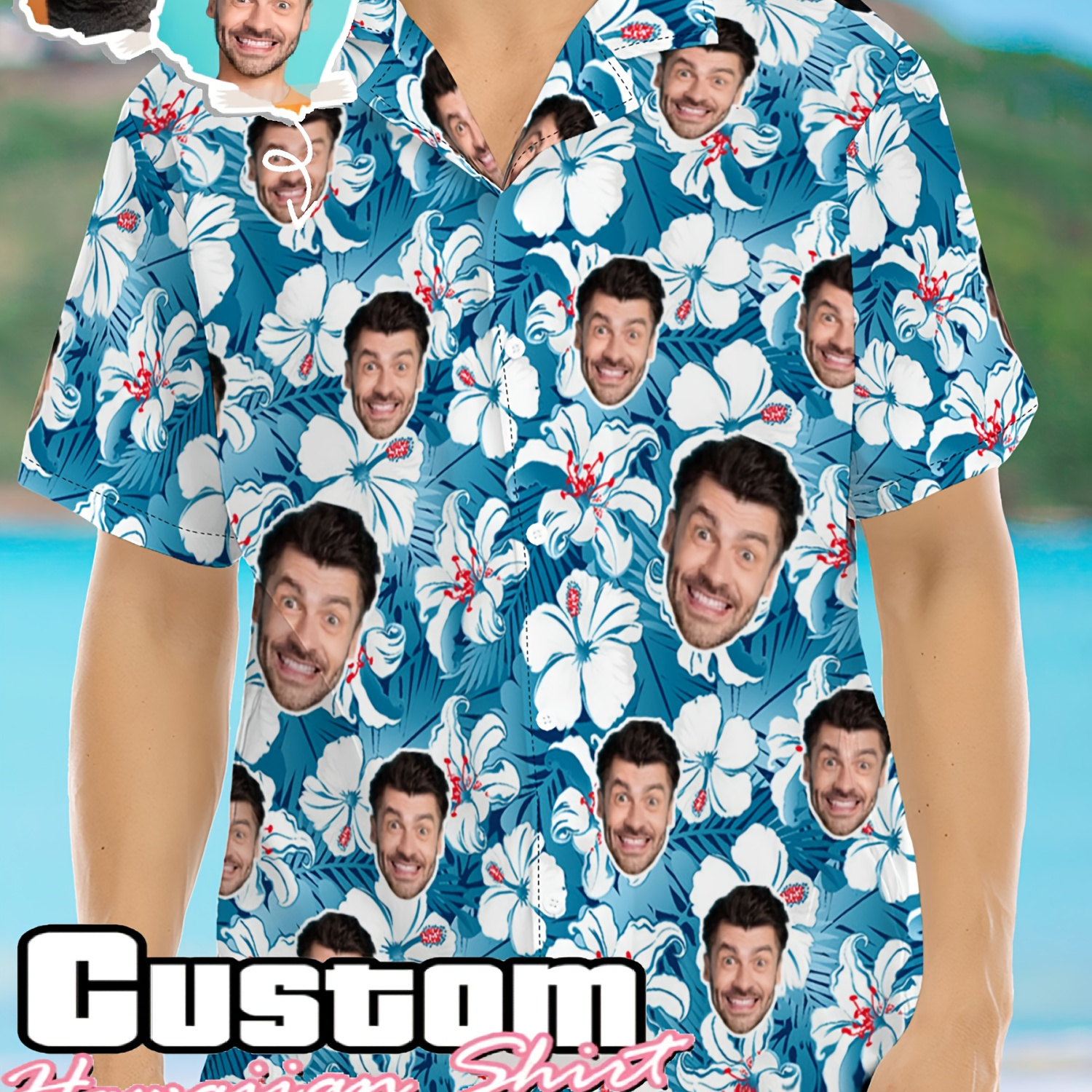 

Personalized Photo Hawaiian Print Men's Summer Fashionable And Simple Short Sleeve Button Casual Lapel Simple Shirt, Trendy And Versatile, Suitable For Dates, Beach Holiday, As Gifts