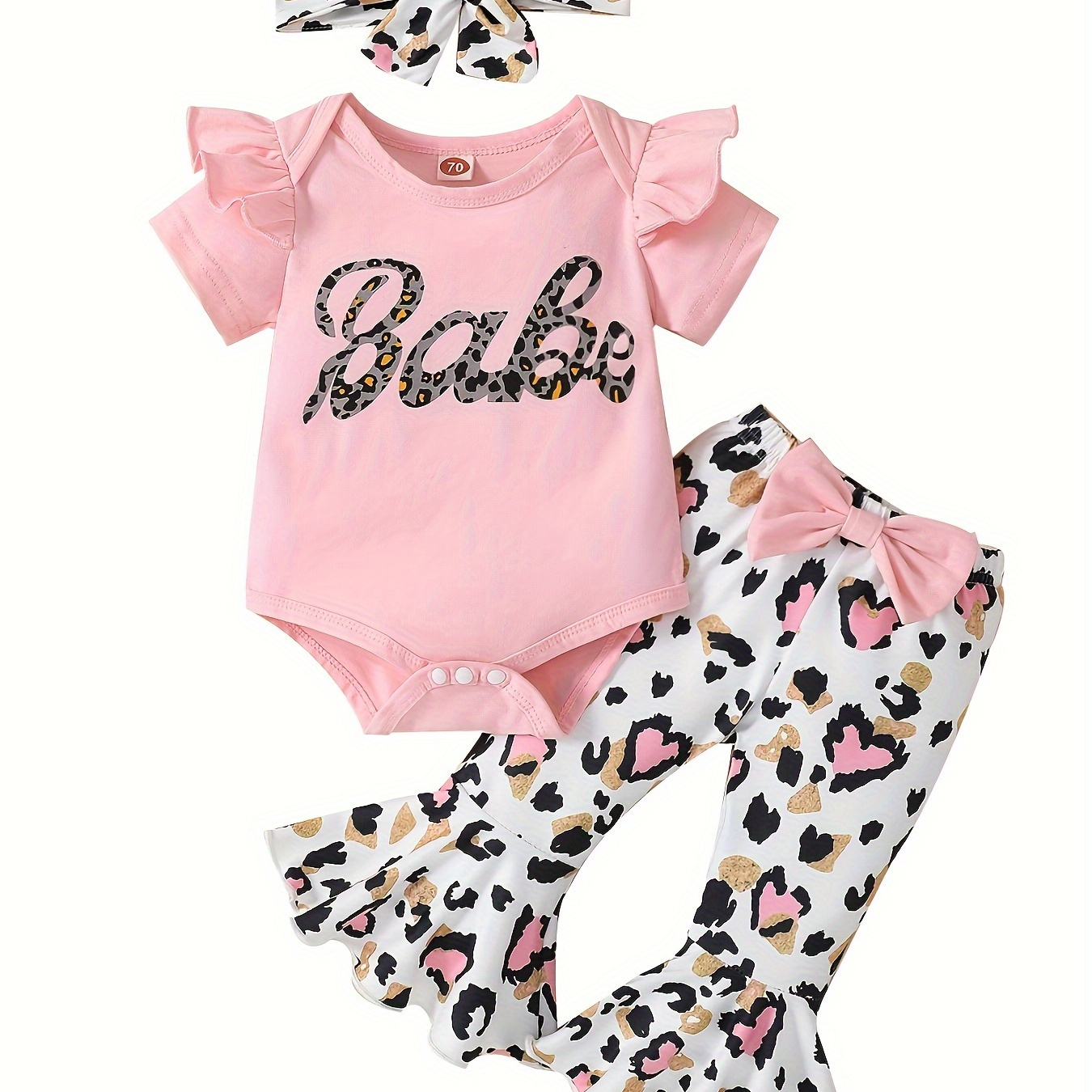 

Graffiti Print, Baby Girls' Stylish Cotton Outfit, 3pcs/set Short Sleeve Ruffle Trim Onesie & Flare Pants & Headband For Summer, As Gifts