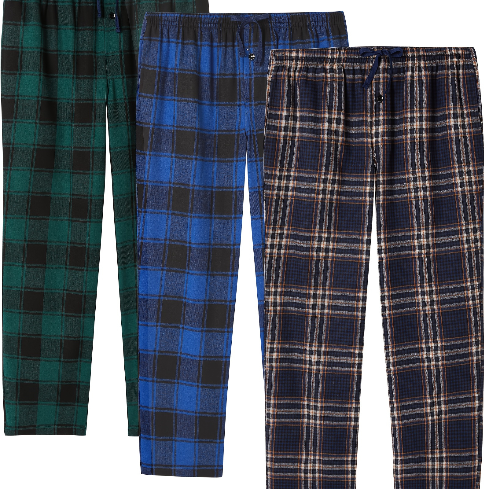 

3 Pcs Plus Size Men's Flannel Plaid Long Sleep & Lounge Pants, Pajama Bottoms With Pockets And Drawstring For Daily Wear