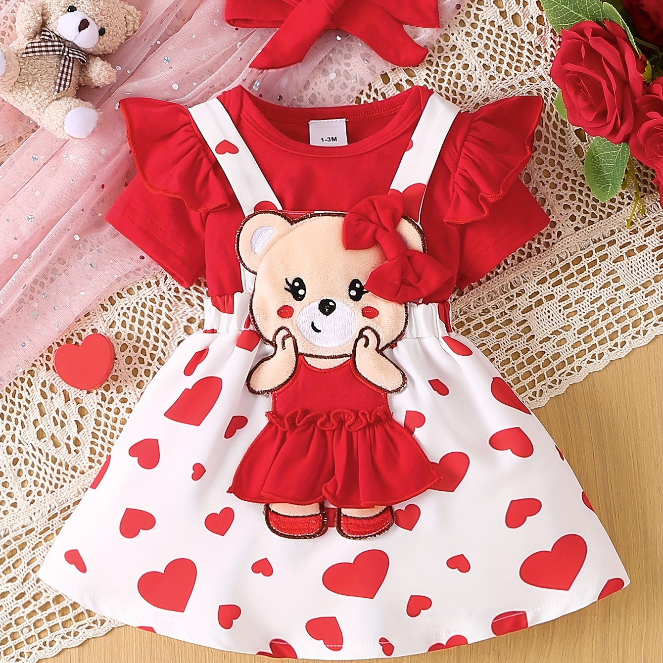 

Baby's Cute Bear Patchwork 2pcs Summer Outfit, Bodysuit & Suspender Overall Dress Set, Toddler & Infant Girl's Clothes For Daily Wear/holiday/party