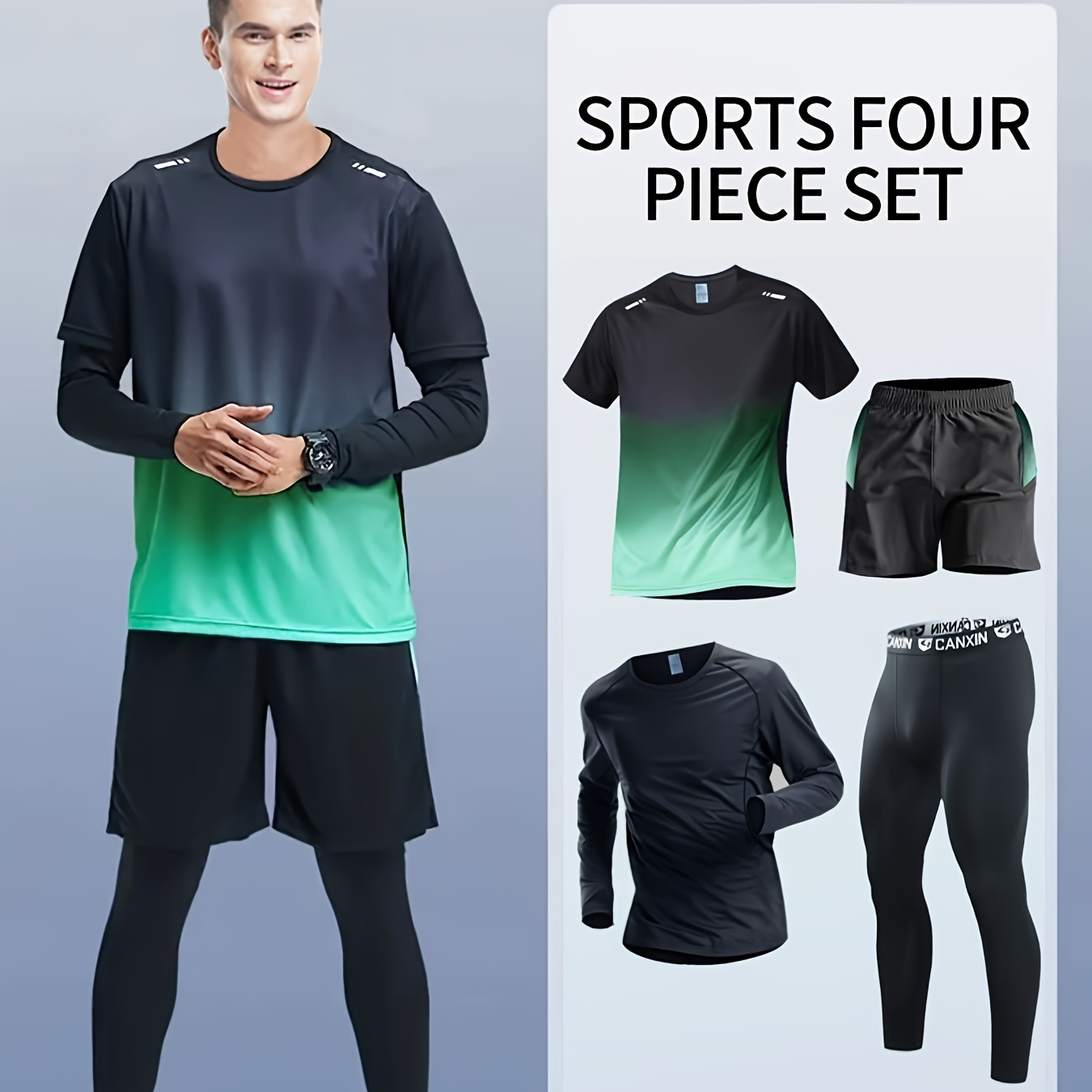 

Men's Athletic 4pcs Set: Gradient Color, High- & Breathable - Includes Long Sleeve Tee, Shorts, Pants & Leggings For Running & Gym Training, Loose Fit, Fashion