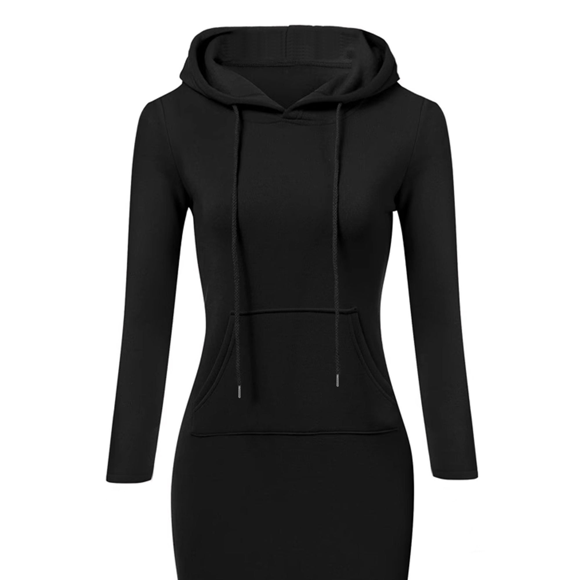 

Women's Long Sleeve Hooded Dress, Slim Casual Pullover With Pocket, Knee-length Bodycon Skirt, Solid Color, Polyester, , Adult Knit Fabric