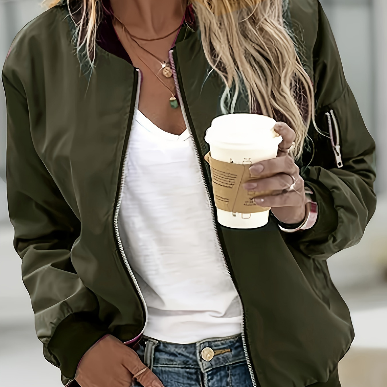 

Women's Casual Zip-up Jacket With Pockets - Chic Olive Style, Polyester & Spandex , Machine Washable, , Stylish Layering Piece| Jacket|sleek Olive Green, Jacket Zip Up