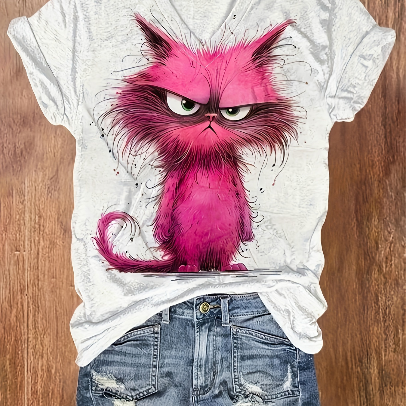 

T-shirt à col en V imprimé chat, T-shirt décontracté à manches courtes pour le printemps et l'été, Vêtements pour femmes