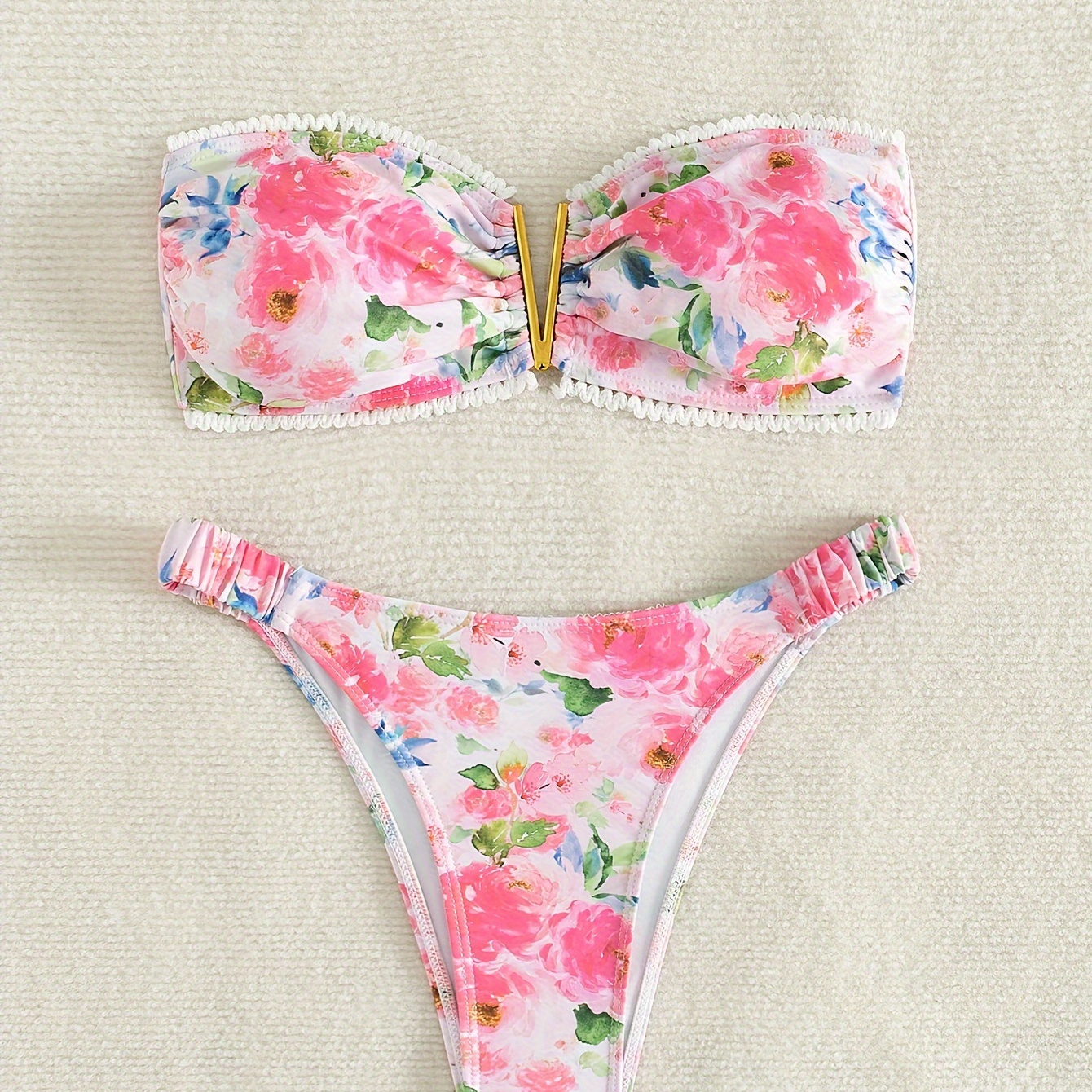 

Floral Pattern Bandeau 2 Piece Set Bikini, Tube Top High Cut Swimsuits, Women's Swimwear & Clothing