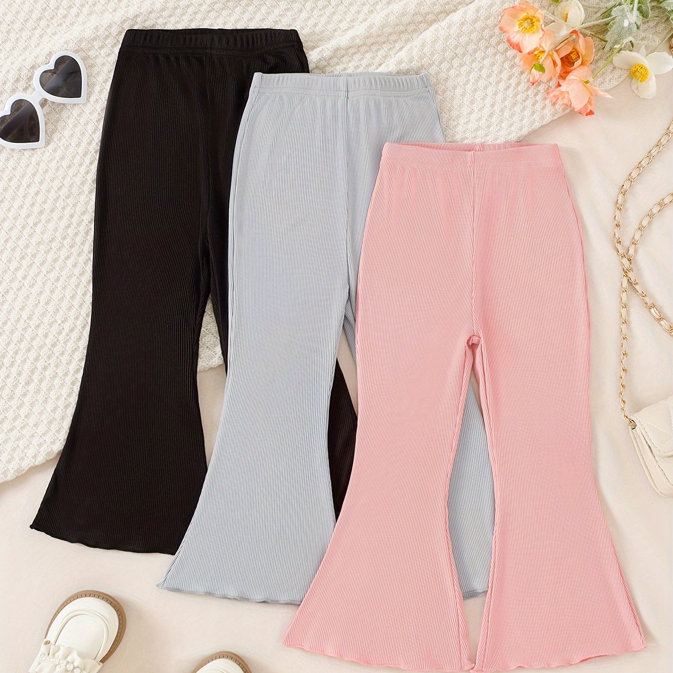 

3pcs/set & Stretchy Colored Ribbed Pants For & Fall