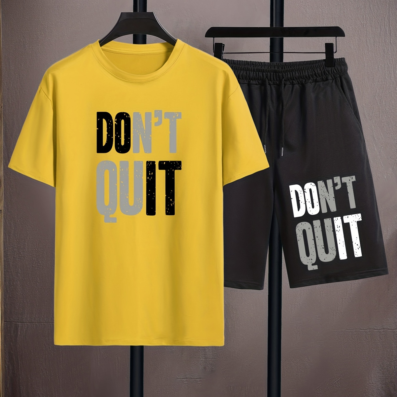 

''don't Quit'' Print, Men's 2pcs, Casual T-shirt And Loose Drawstring Shorts For Running, Training