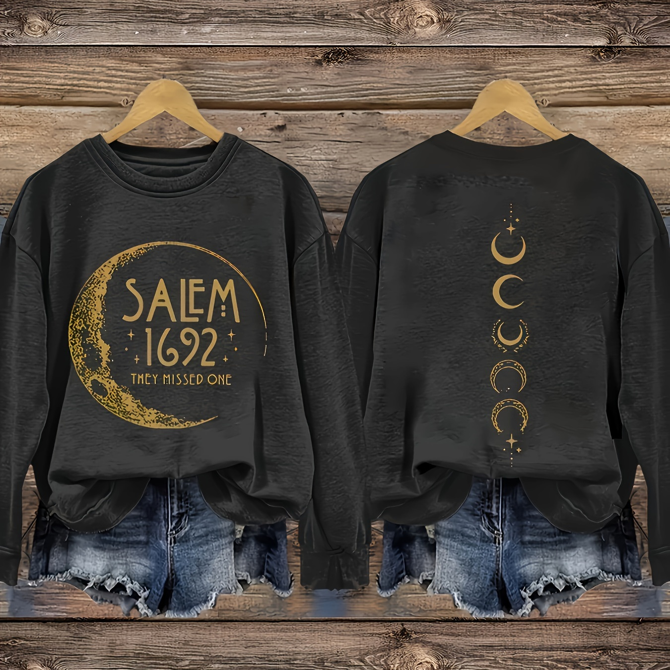 

Moon Print Pullover Sweatshirt, Casual Long Sleeve Crew Neck Sweatshirt For Fall & Spring, Women's Clothing