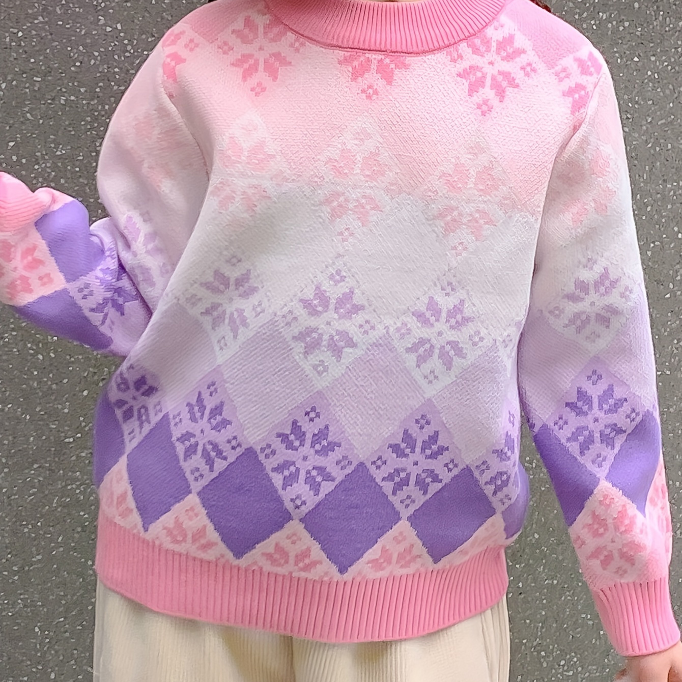 

Ombre Snowflake Pattern Knit Sweater For Girls, Contrast Color Crew Neck Pullover Jumper Tops, Girl's Clothing For Fall Winter