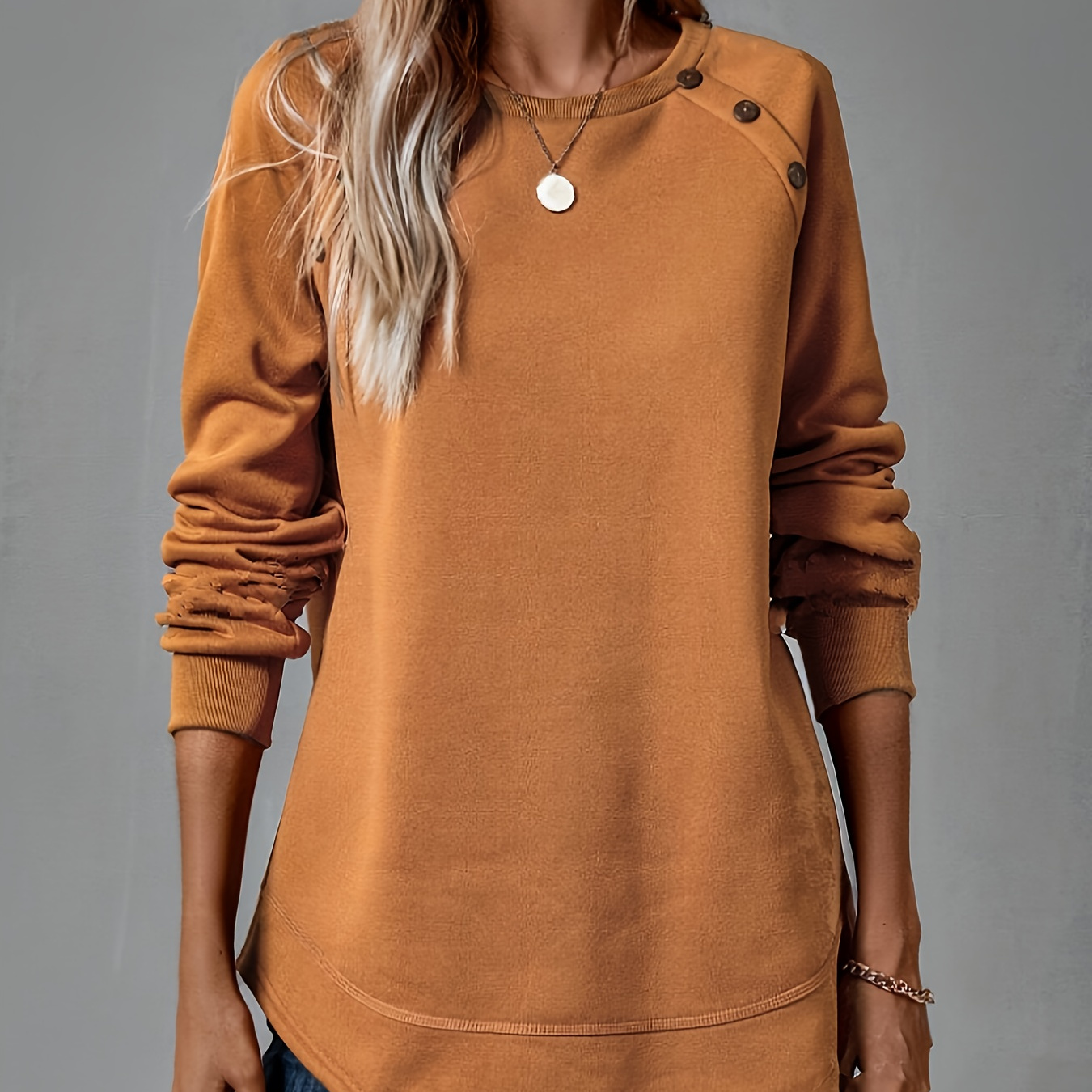 

Elegant Long Sleeve Crew Neck Sweatshirt For Women - Chic Solid Color, Asymmetrical Hem, Polyester & Spandex Blend, Fall/winter