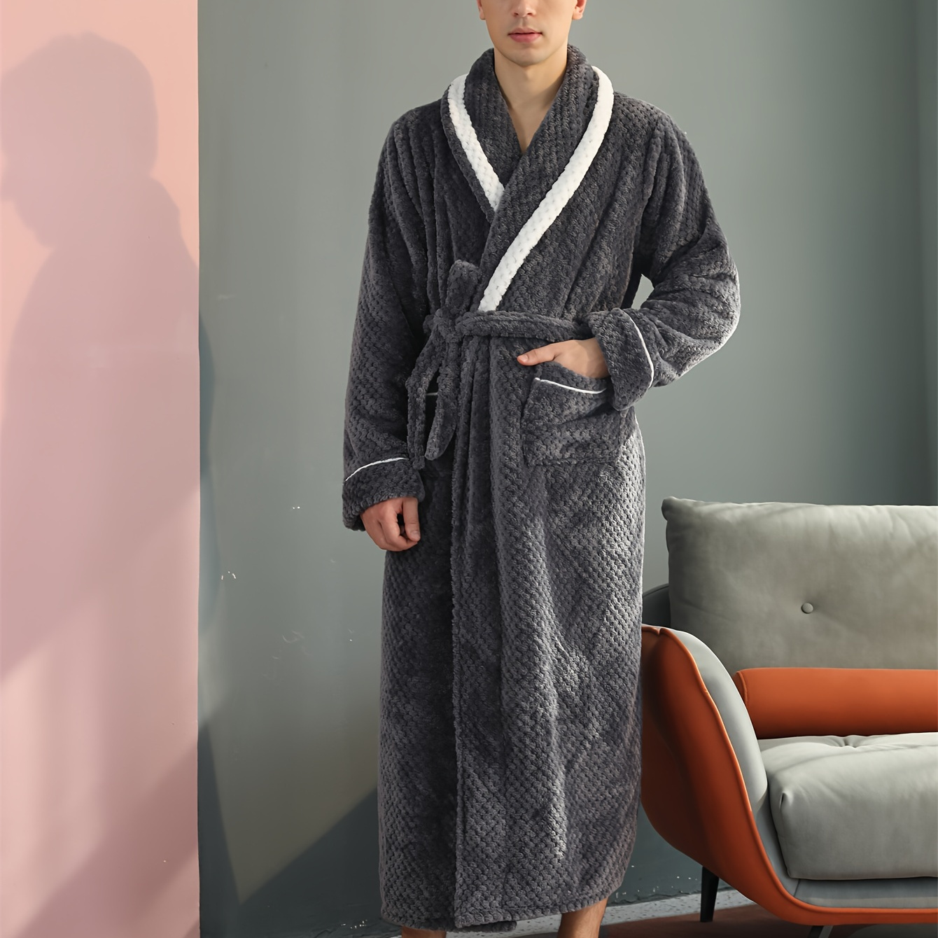 

Men's Long Shawl Collar Thick Plaid Shape Robe, V Neck Long Sleeve Sleepwear Bathrobe Pajamas, Winter/fall