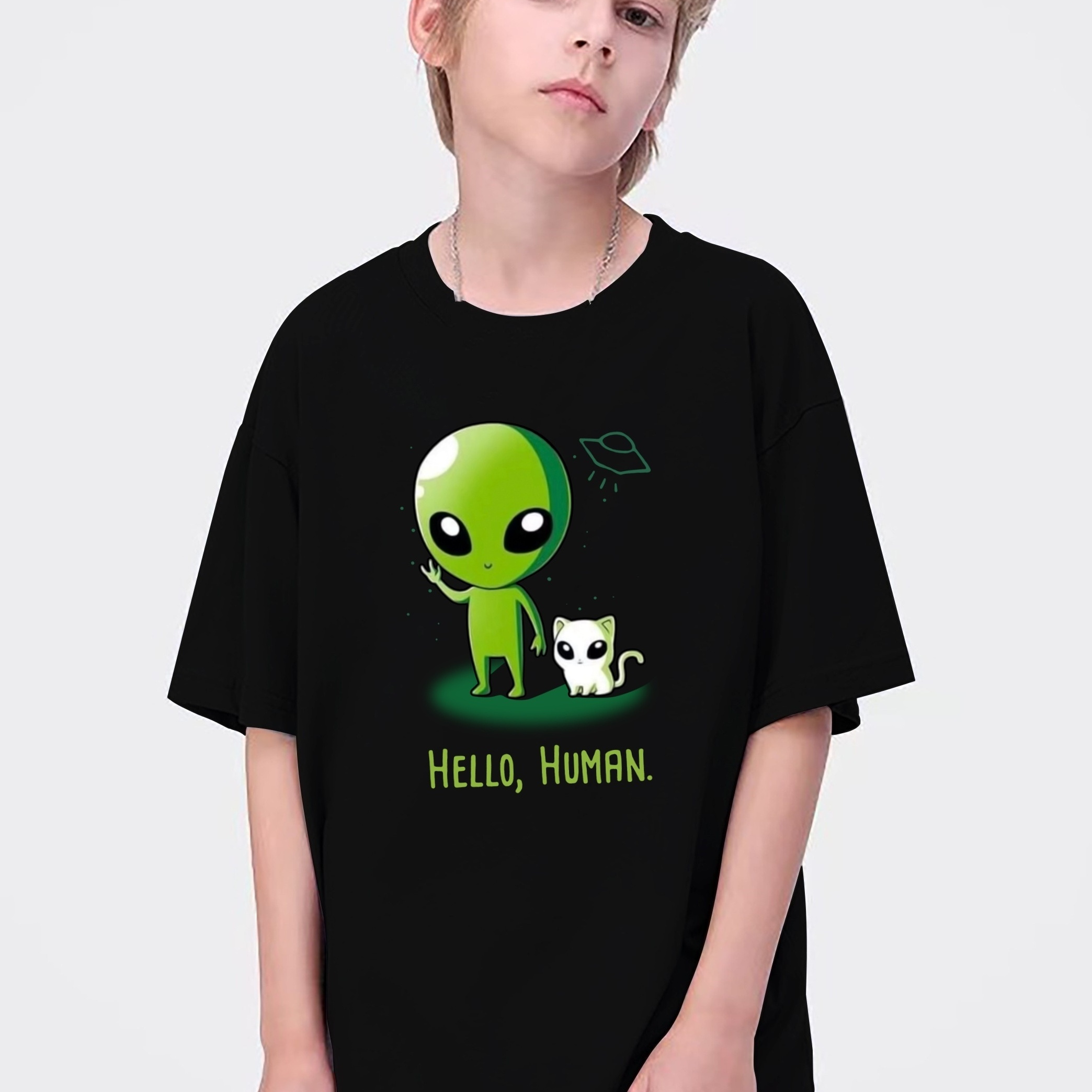 

Trendy Alien And Hello Human Letter Print Boys Creative T-shirt, Casual Lightweight Comfy Short Sleeve Tee Tops, Kids Clothes For Summer