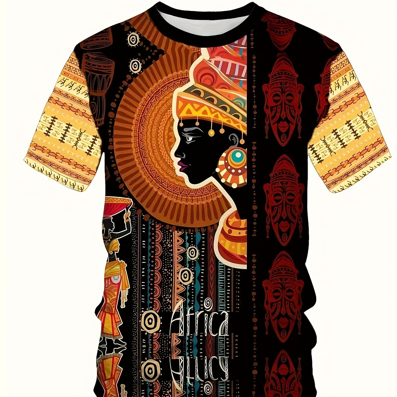 

Africa Tribal Pattern Print Crew Neck Short Sleeve T-shirt For Men, Casual Summer T-shirt For Daily Wear And Vacation Resorts