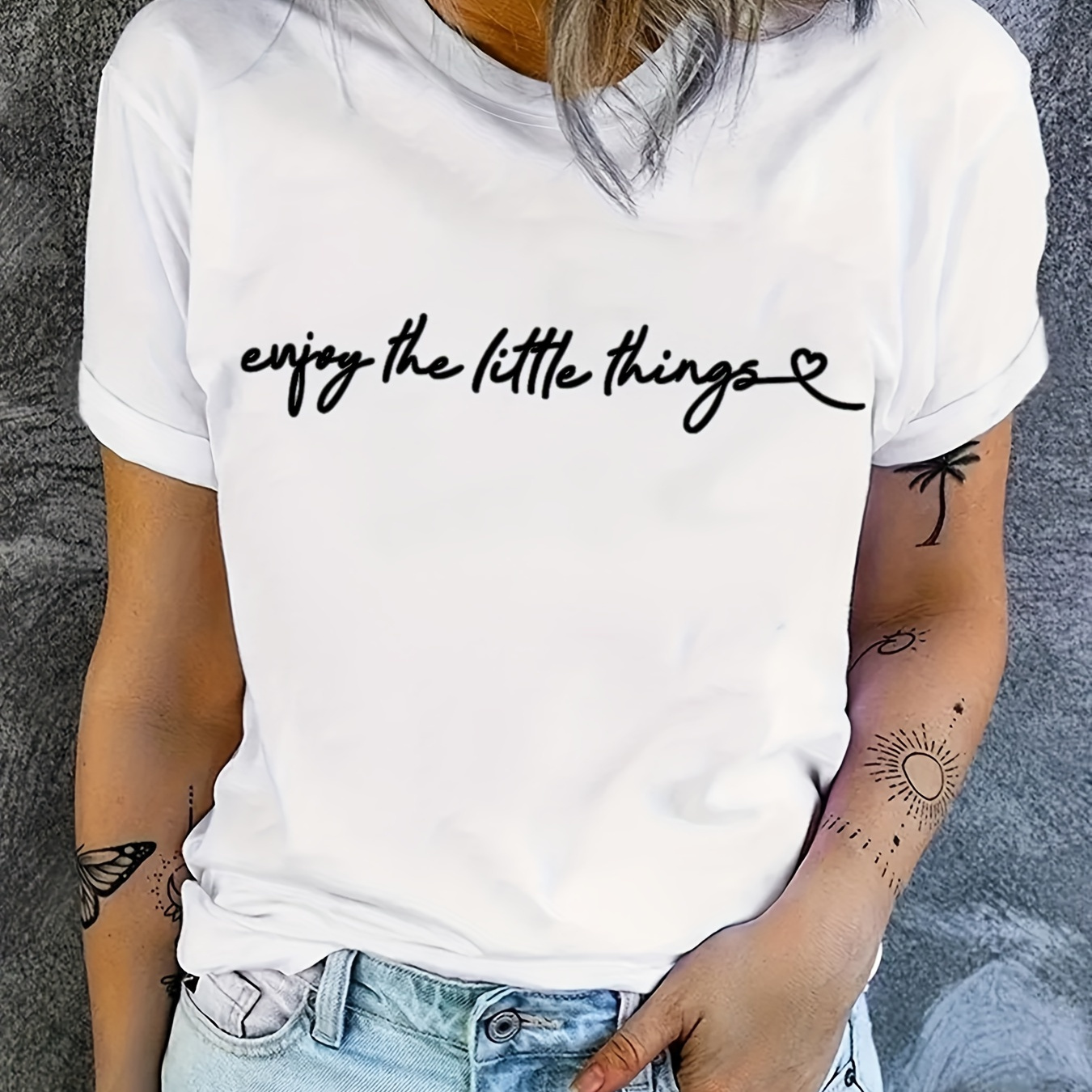

Enjoy The Litlle Things Print T-shirt, Short Sleeve Crew Neck Casual Top For Summer & Spring, Women's Clothing