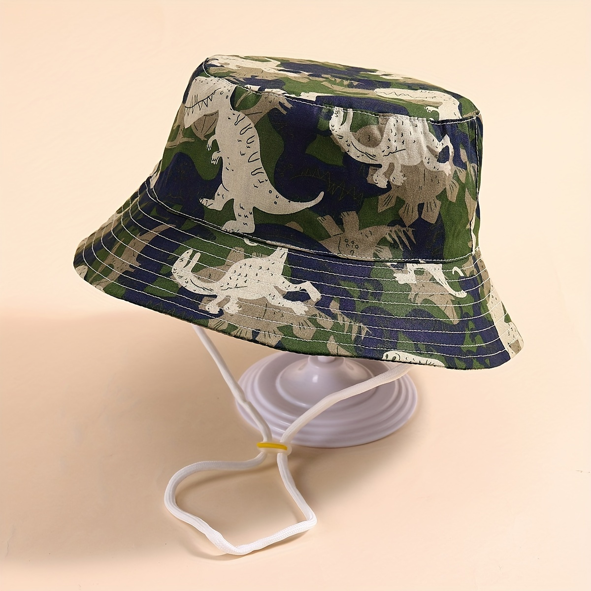 

1pc Casual Camouflage Dinosaur Fisherman Hat, Breathable Drawstrings Wide Brim Sun Protection Bucket Hat For Outdoor Traveling Beach Party Boys And Girls Accessories