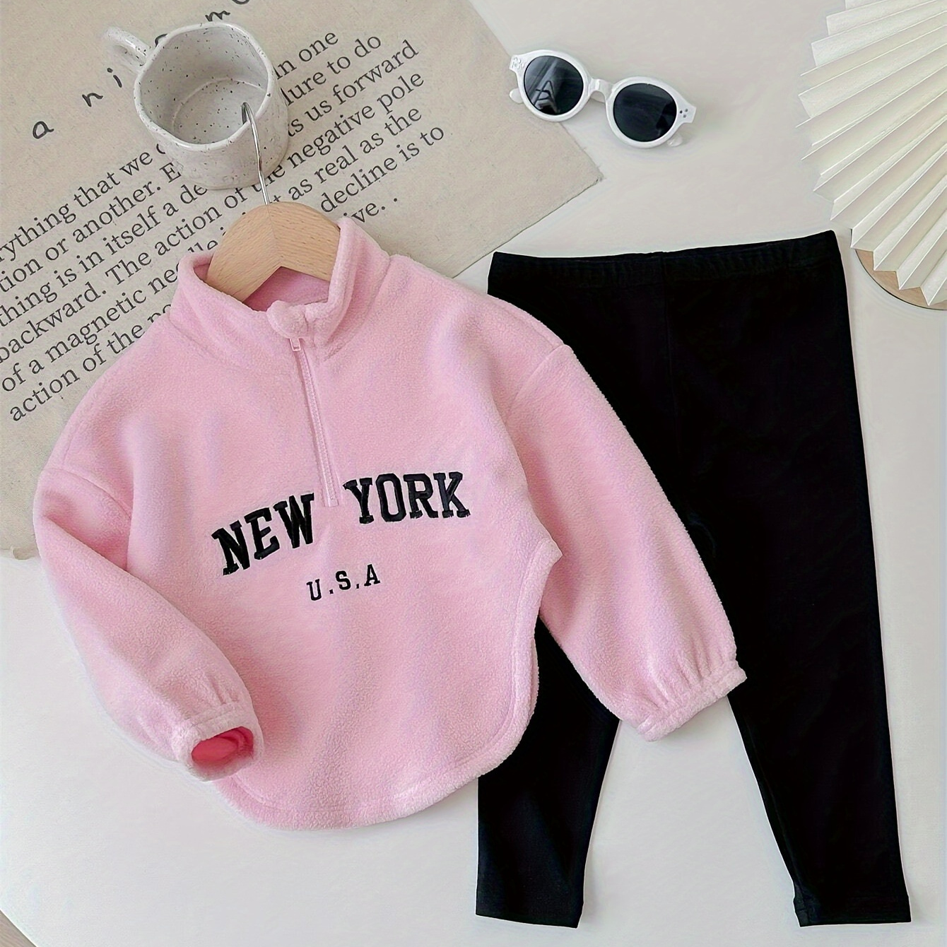 

' Fleece Top & Leggings Set - Letter , Washable - For Fall/, For