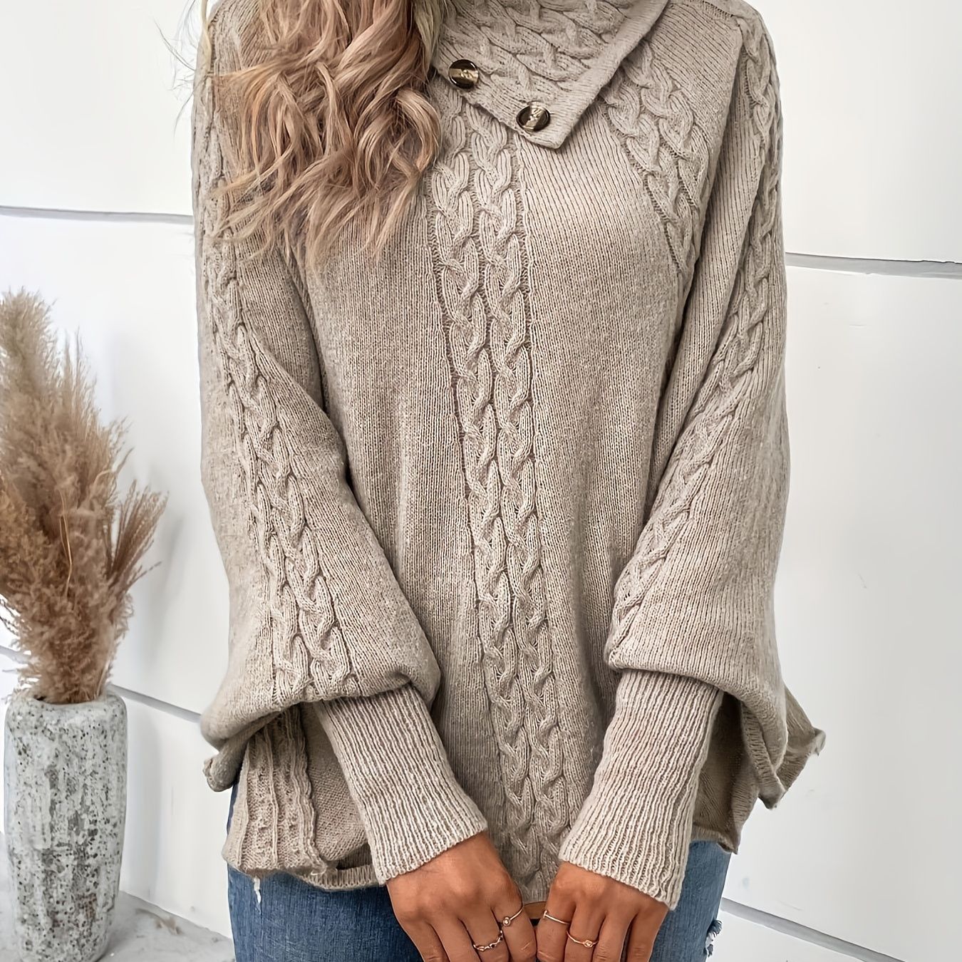 

Cable Knit Turtle Neck Cape Sweater, Lantern Sleeve Button Sweater For Fall & Winter, Women's Clothing