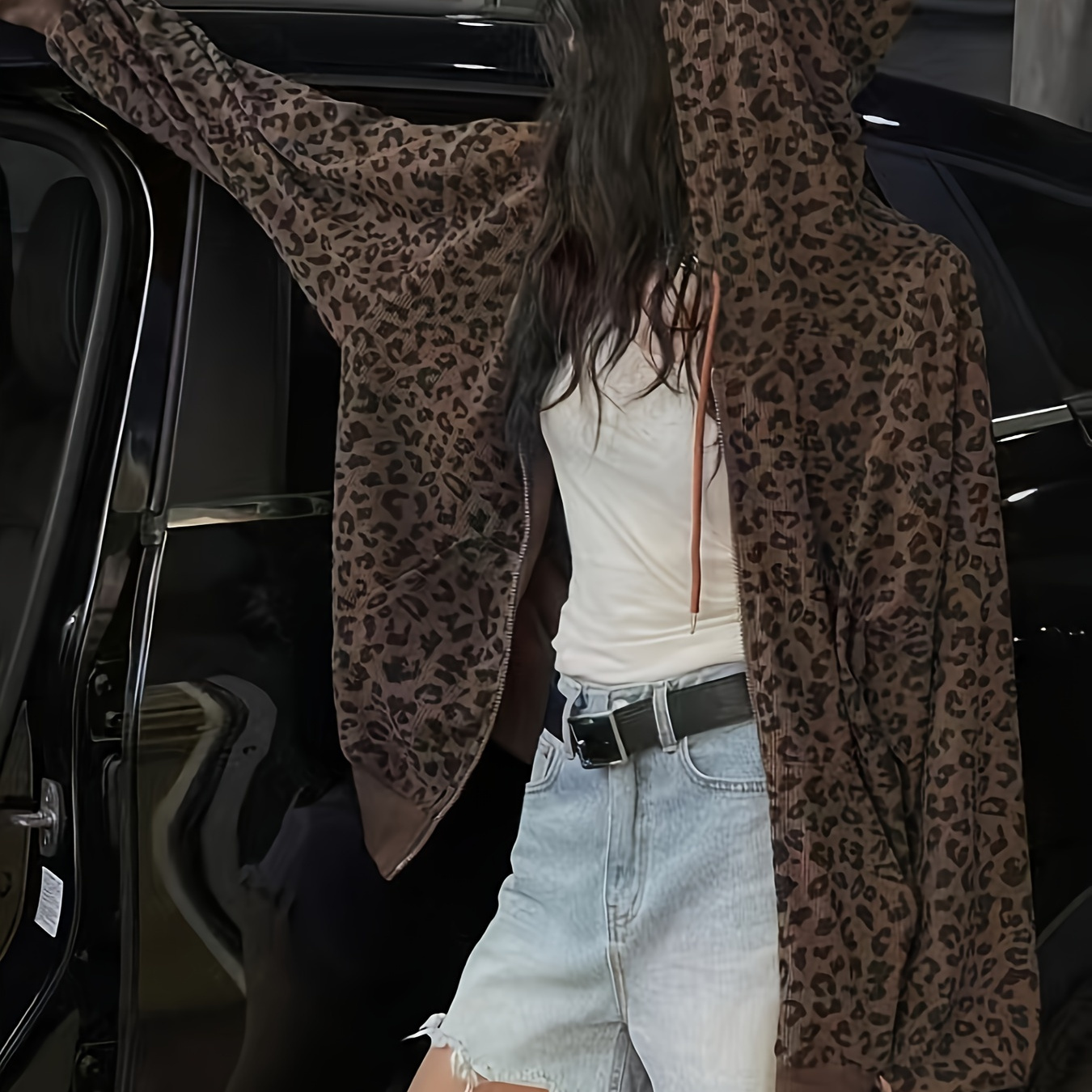 

Chic Leopard Print Zip-up Hoodie - Casual Long Sleeve, Corduroy Fabric, Machine Washable - Women' For Fall/winter