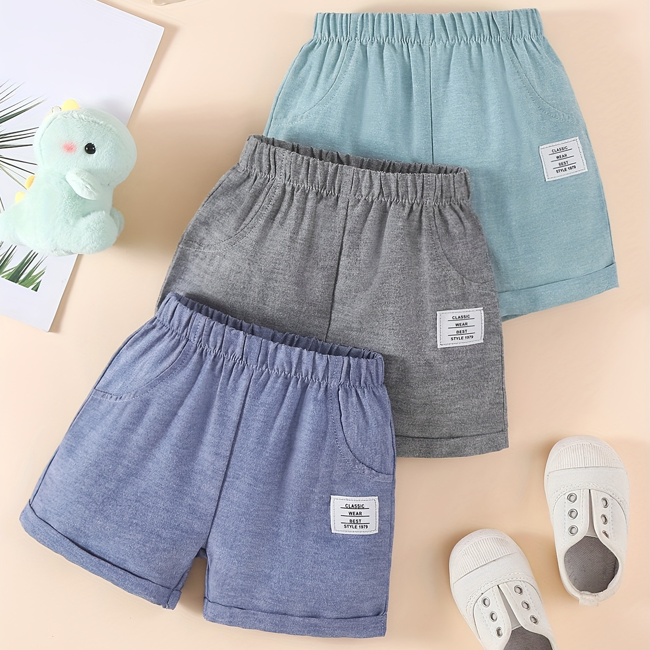 

3pcs Infant & Toddler's Summer Casual Shorts, Versatile Patchwork Elastic Waist Bottoms, Baby Boy's Clothing