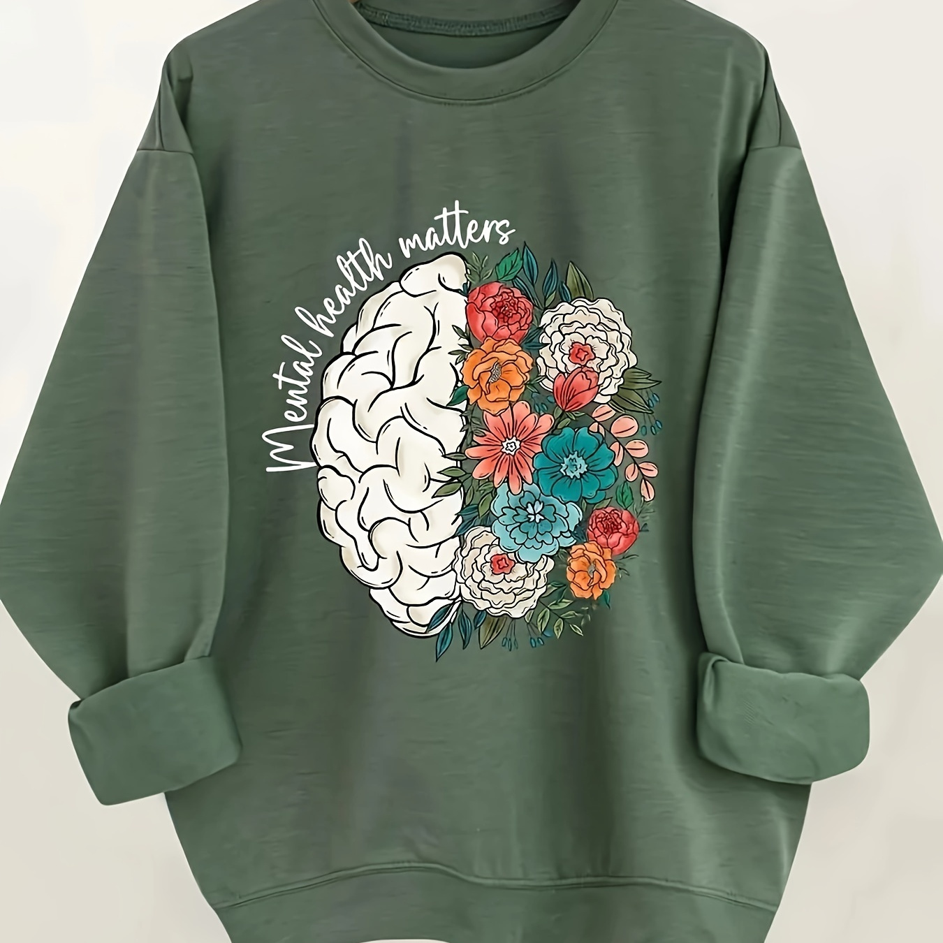 

Women's Casual Crew Neck Sweatshirt With Unique Brain Print - Soft Polyester, Long Sleeve, Fall & Winter