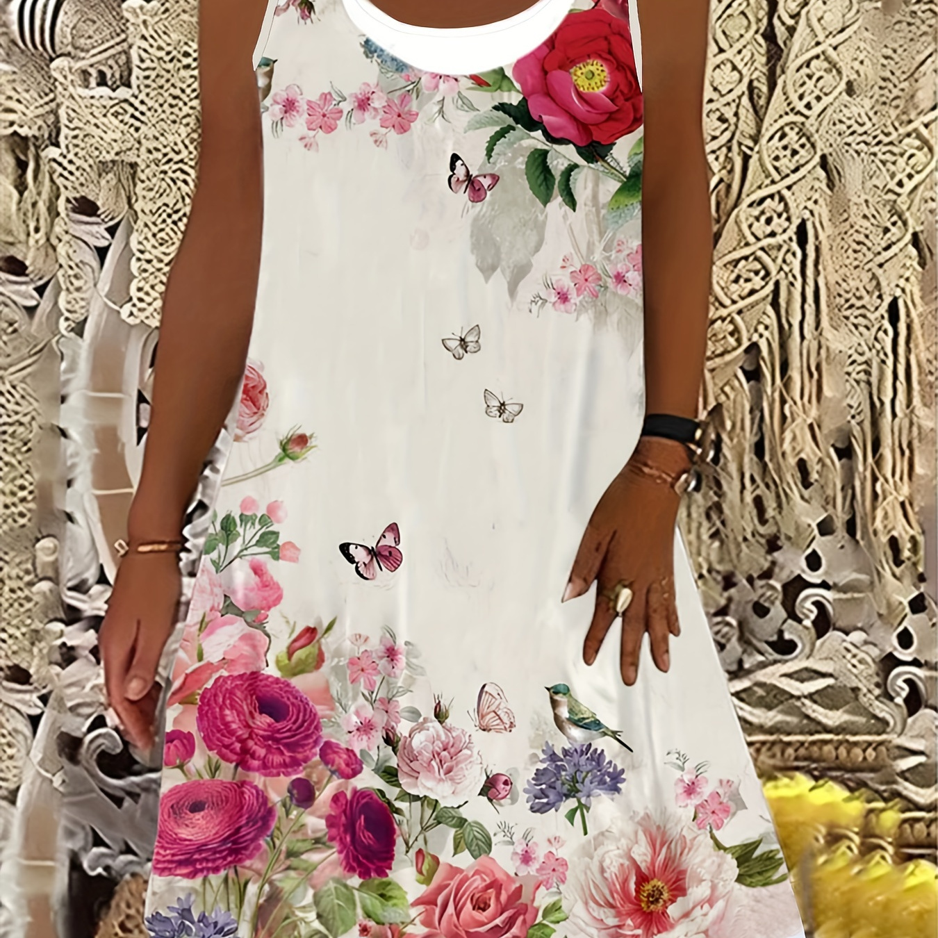 

Robe débardeur à imprimé floral grande taille, robe à col rond sans manches de style vacances pour le printemps et l’été, vêtements grande taille pour femmes