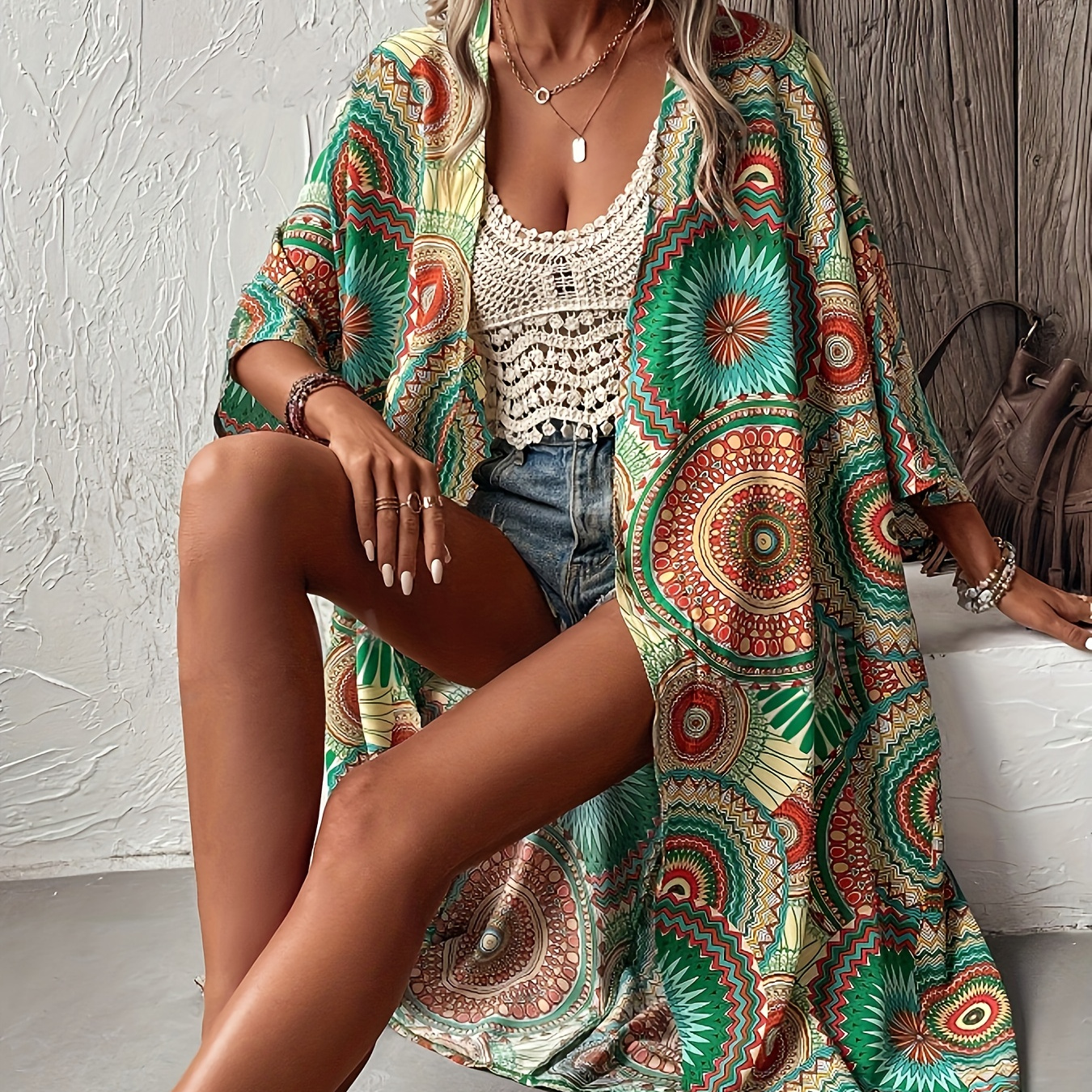 

Mandala Print Belted Cover Up, Vintage 3/4 Sleeve Loose Vacation Style Beach Wear Outwear, Women's Clothing