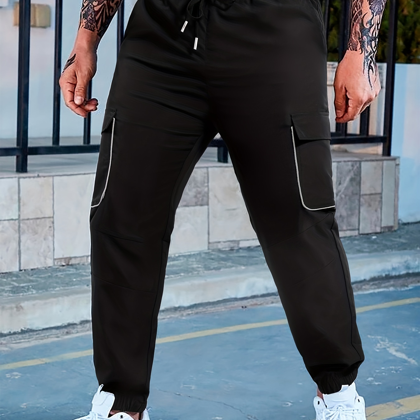 Plus Size Men's Relaxed Fit Cargo Trousers With Pockets, Oversized Casual Drawstring Pants For Big And Tall Guys