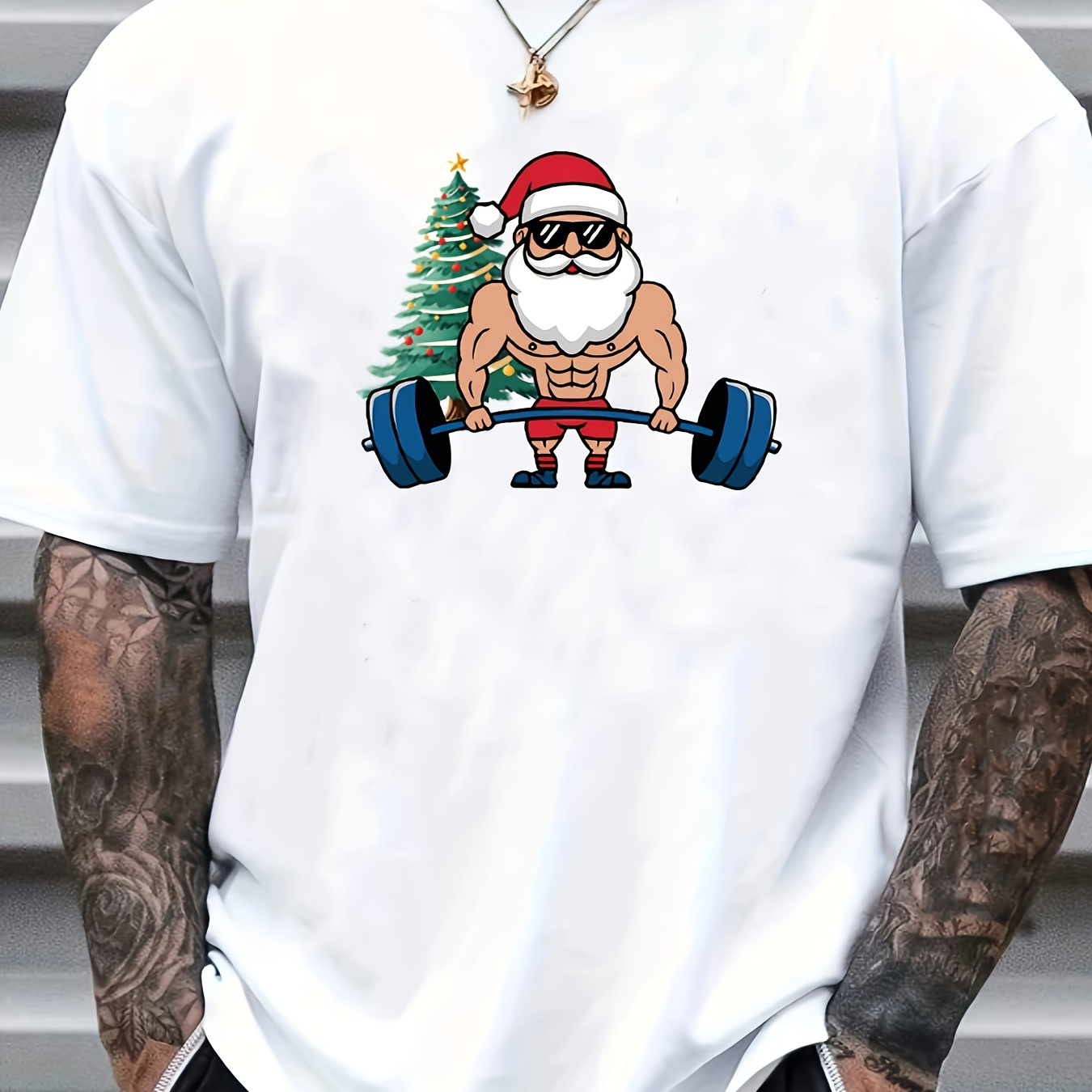 

[customer ] Men's Muscle Santa & Christmas Tree Print T-shirt - Casual Crew Neck, Short Sleeve, Polyester - Summer