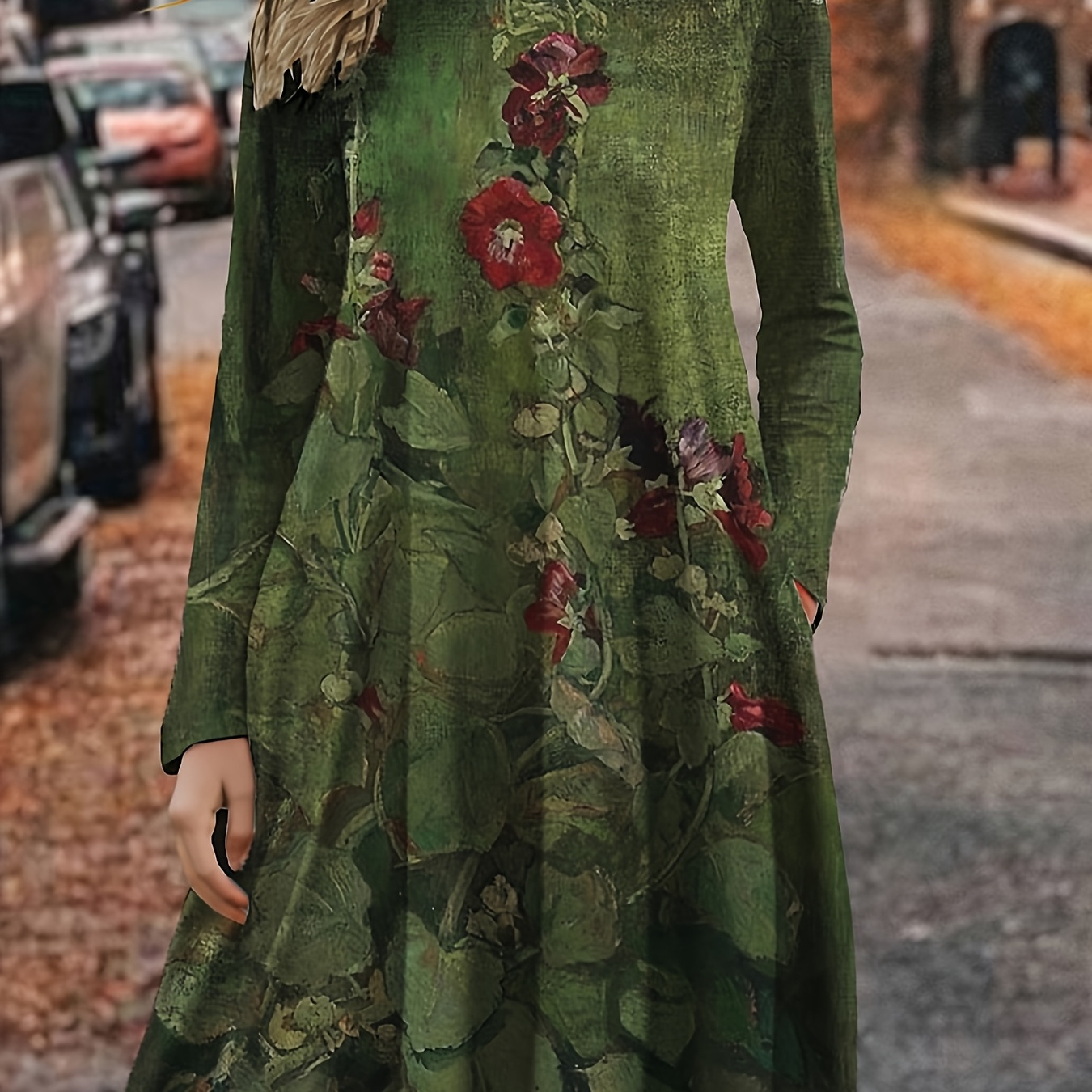 

Chic Floral Print Midi Dress For Women - Casual Crew Neck, Long Sleeve, Stretchy Polyester , Machine Washable - Vibrant Autumn/winter Streetwear