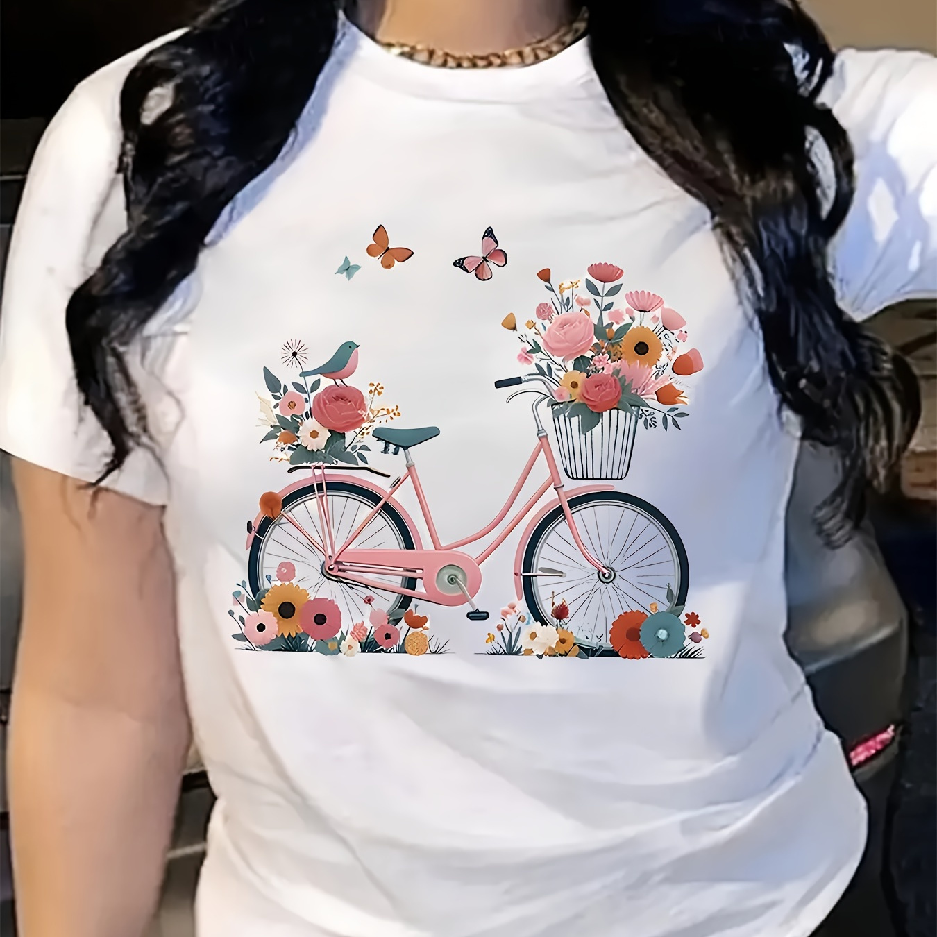 

Bicycle Print Short Sleeve T-shirt, Casual Crew Neck Top For , Women's Clothing