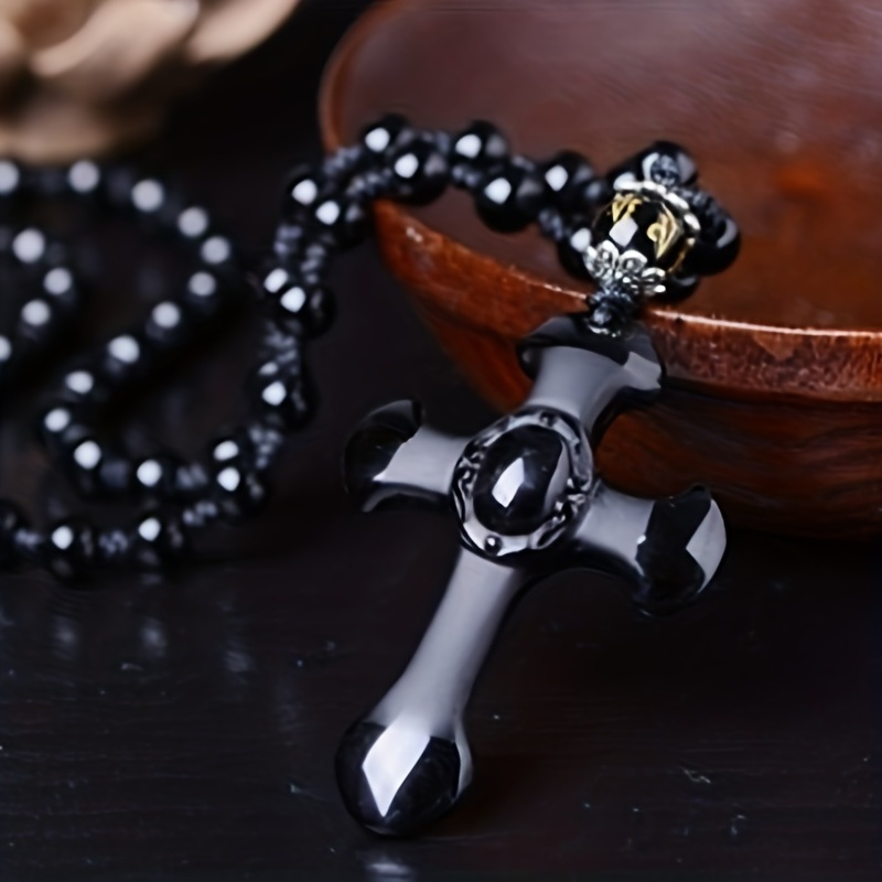 

1pc Classic Religious Style Christian Good Luck Amulet Cross Trend Fashion Obsidian Pendant Necklace For Men Women Daily Casual