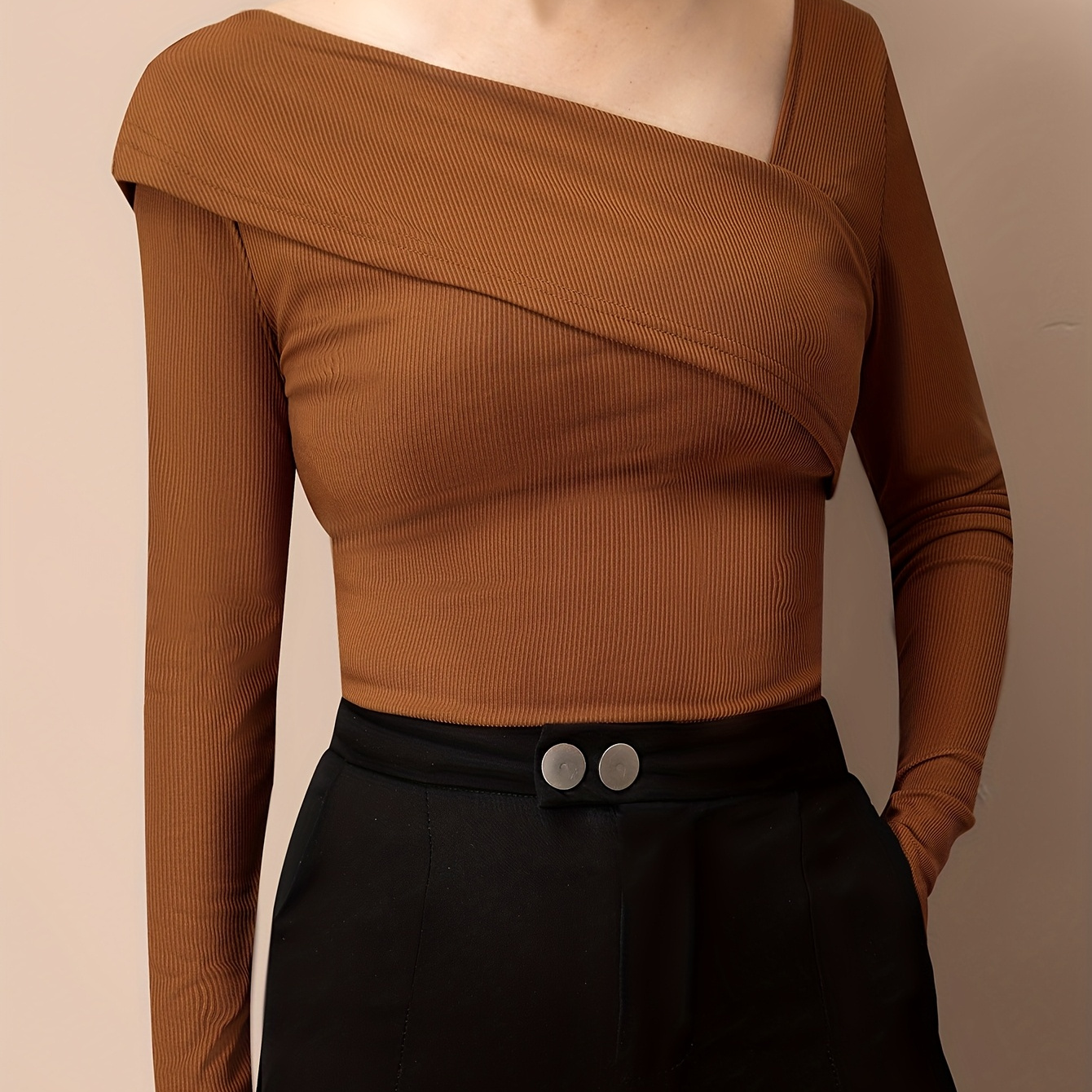 

Women's Chic Asymmetrical Neck Ribbed T-shirt, Solid Brown, Long Sleeve, Knit Fabric, 95% Polyester 5% Elastane, Slight Stretch, Fall/winter Season, 200g/m² Weight