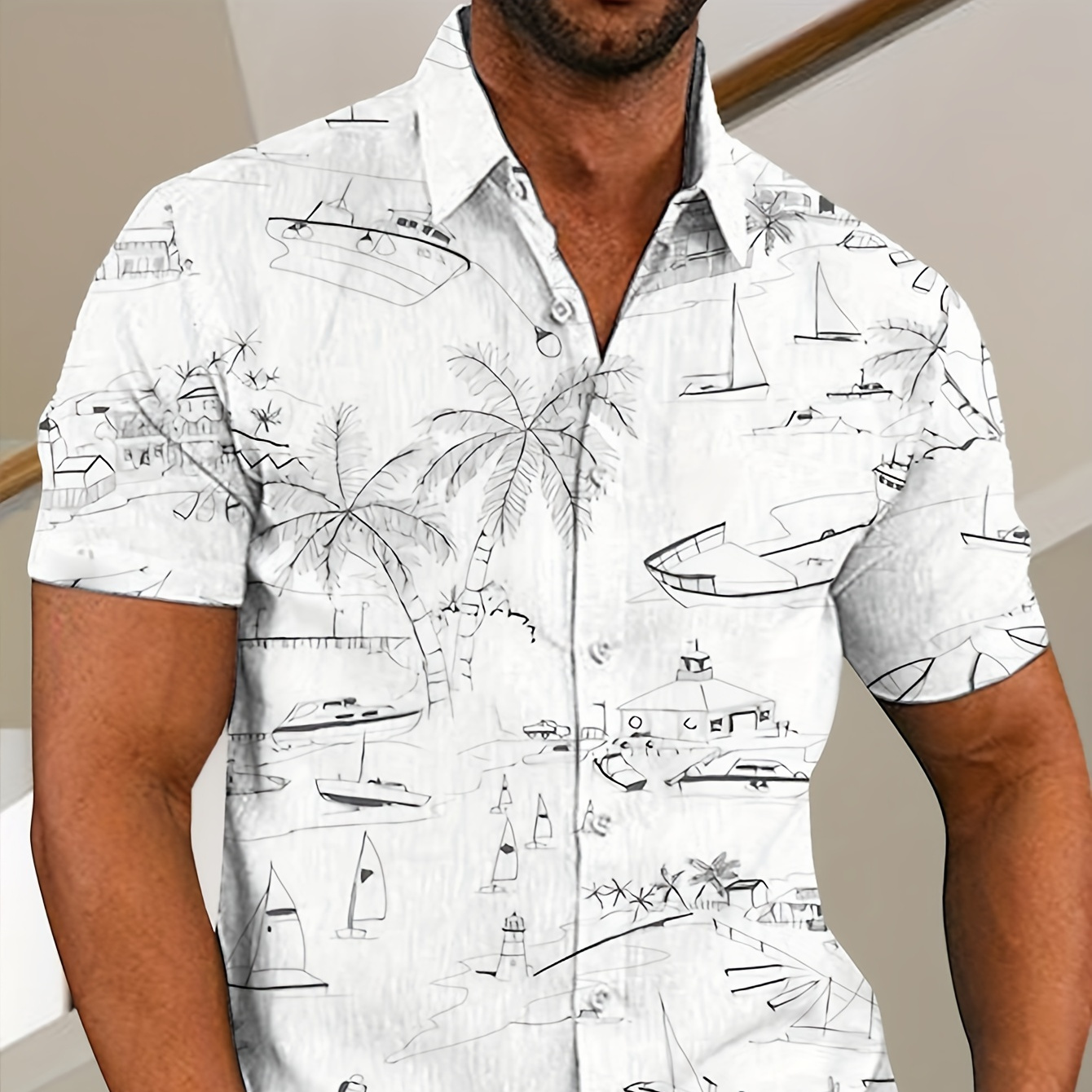 

Chic Design Men's Sketch Style Coconut Tree And Sailboat Pattern Short Sleeve Button Up Lapel Shirt, Trendy And Casual Tops For Summer Beach Leisurewear