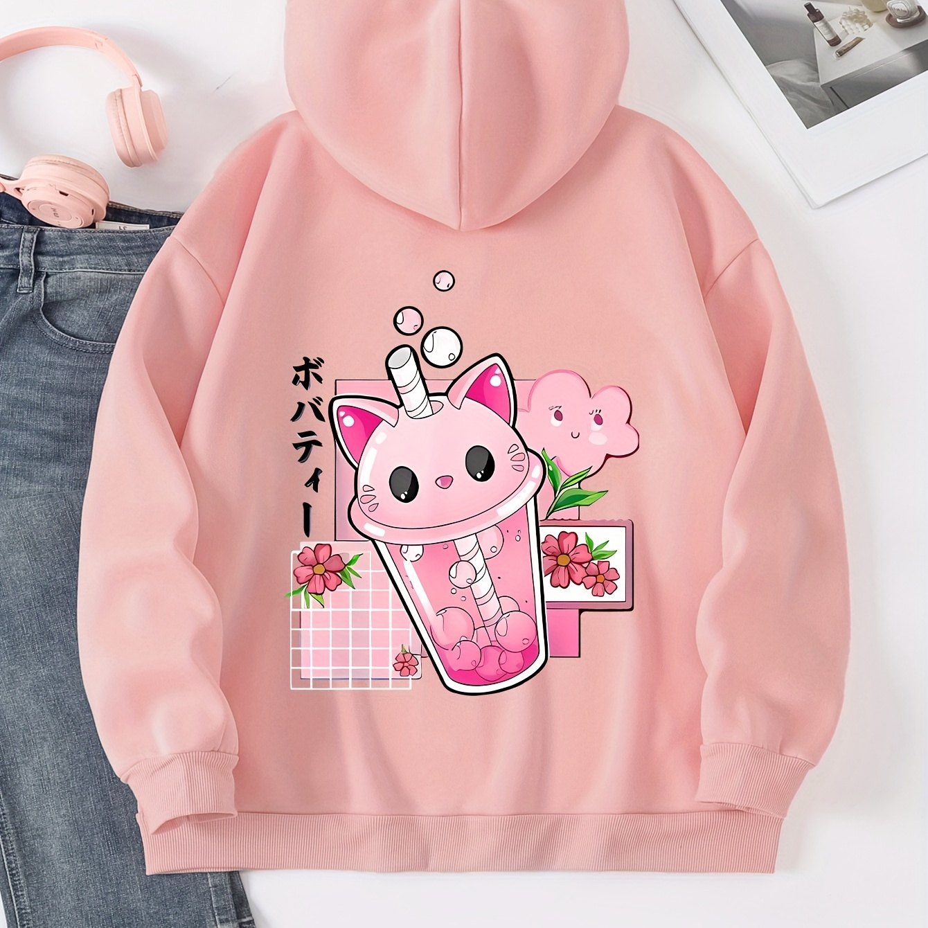 

Joli sweat à capuche kangourou à imprimé de chat de dessin animé, sweat à capuche décontracté à manches longues avec cordon de serrage, vêtements pour femmes