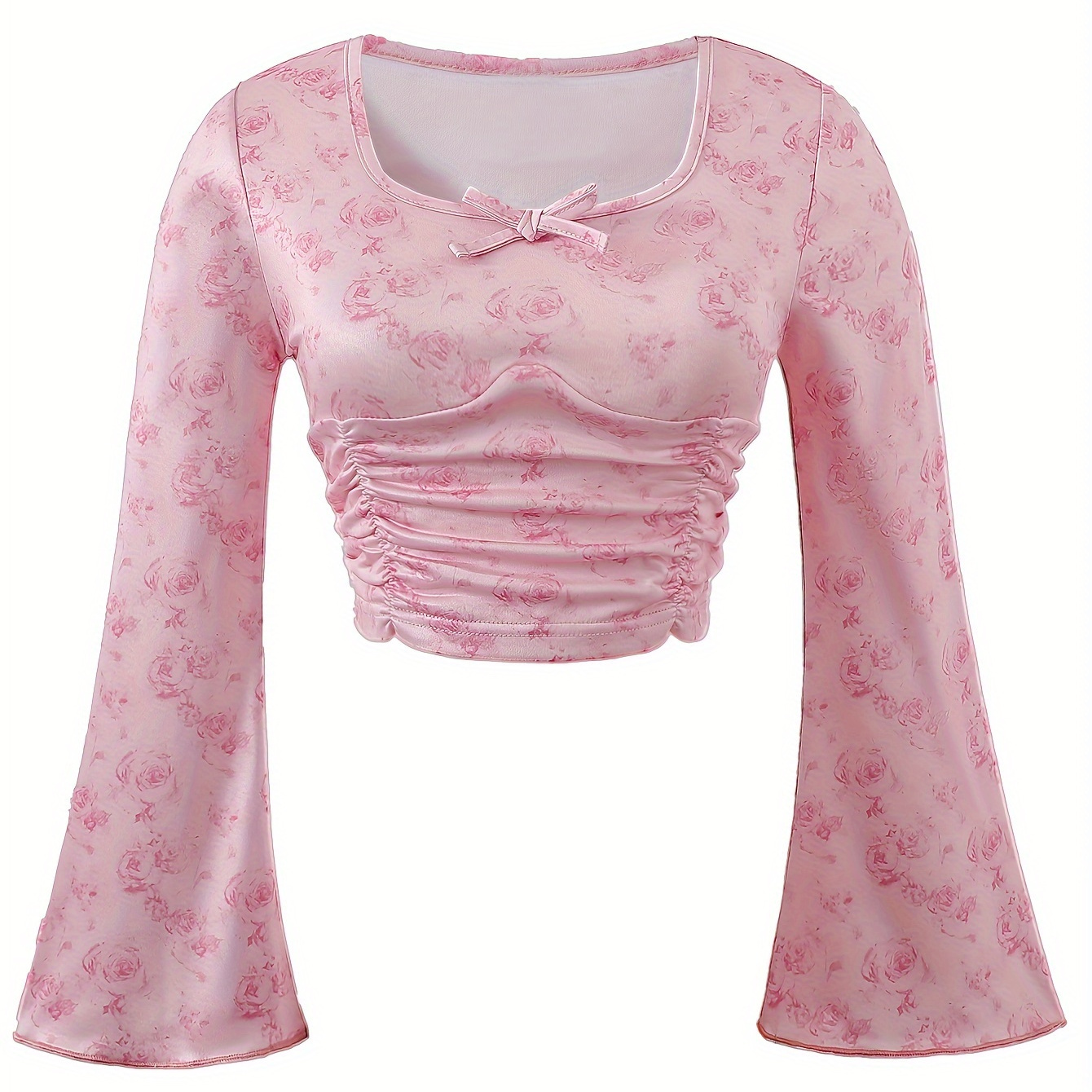 

Girl's Trendy Versatile Flared Long Sleeves Tee Shirt For Outdoor Activities & Travel, Spring And Autumn Essential Item