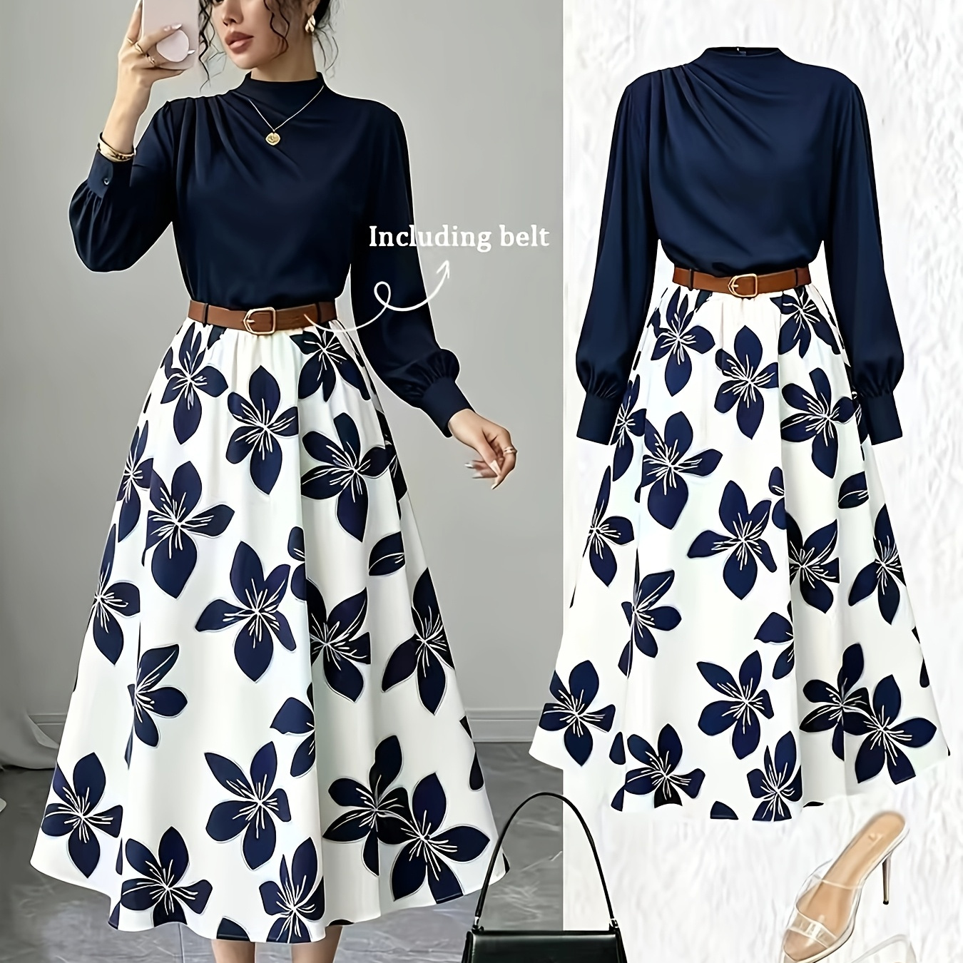 Navy Top + Floral Midi Skirt 2pcs Set with Belt