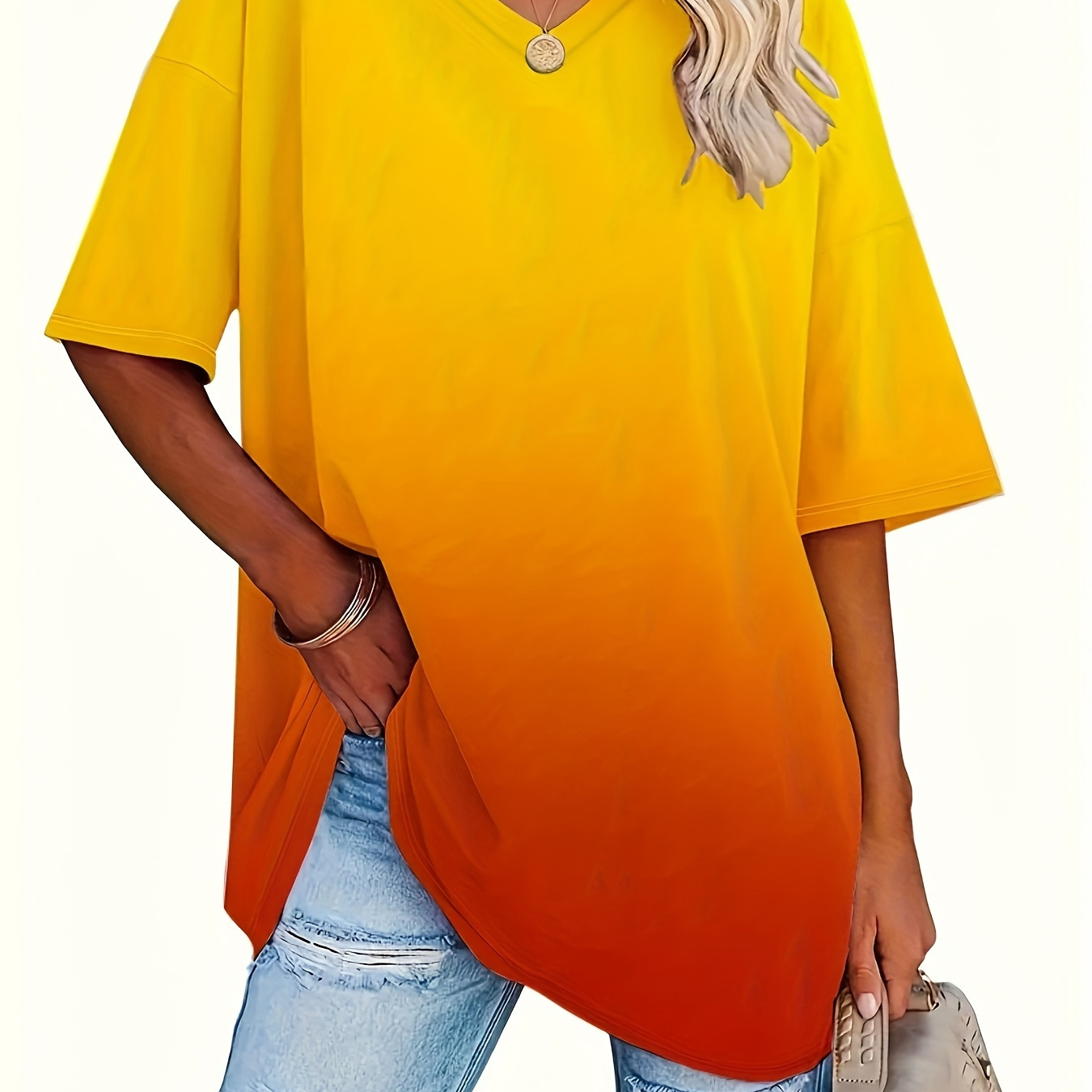 

Plus Size Gradient Print V Neck T-shirt, Casual Short Sleeve Top For Spring & Summer, Women's Plus Size Clothing