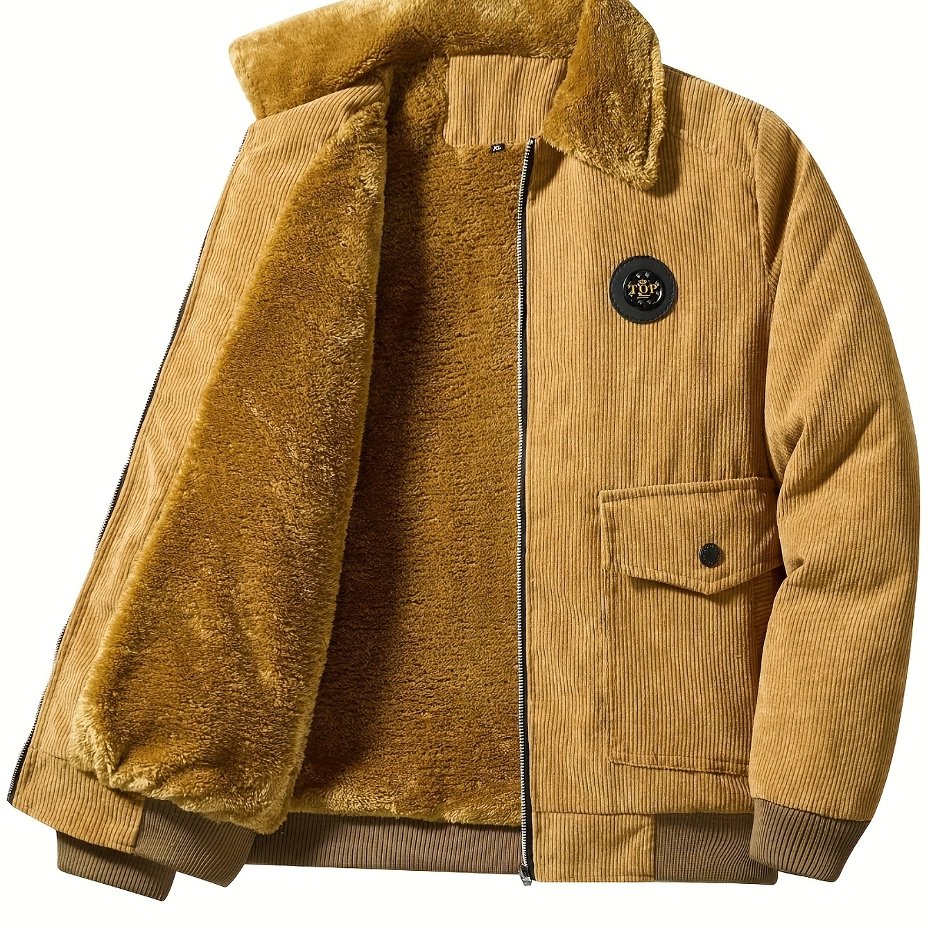 

Vintage-style Corduroy With Sherpa Lining, Lapel Collar, Non-stretch Fabric, Solid Color, Regular Sleeve, Zip Closure, Casual Wear