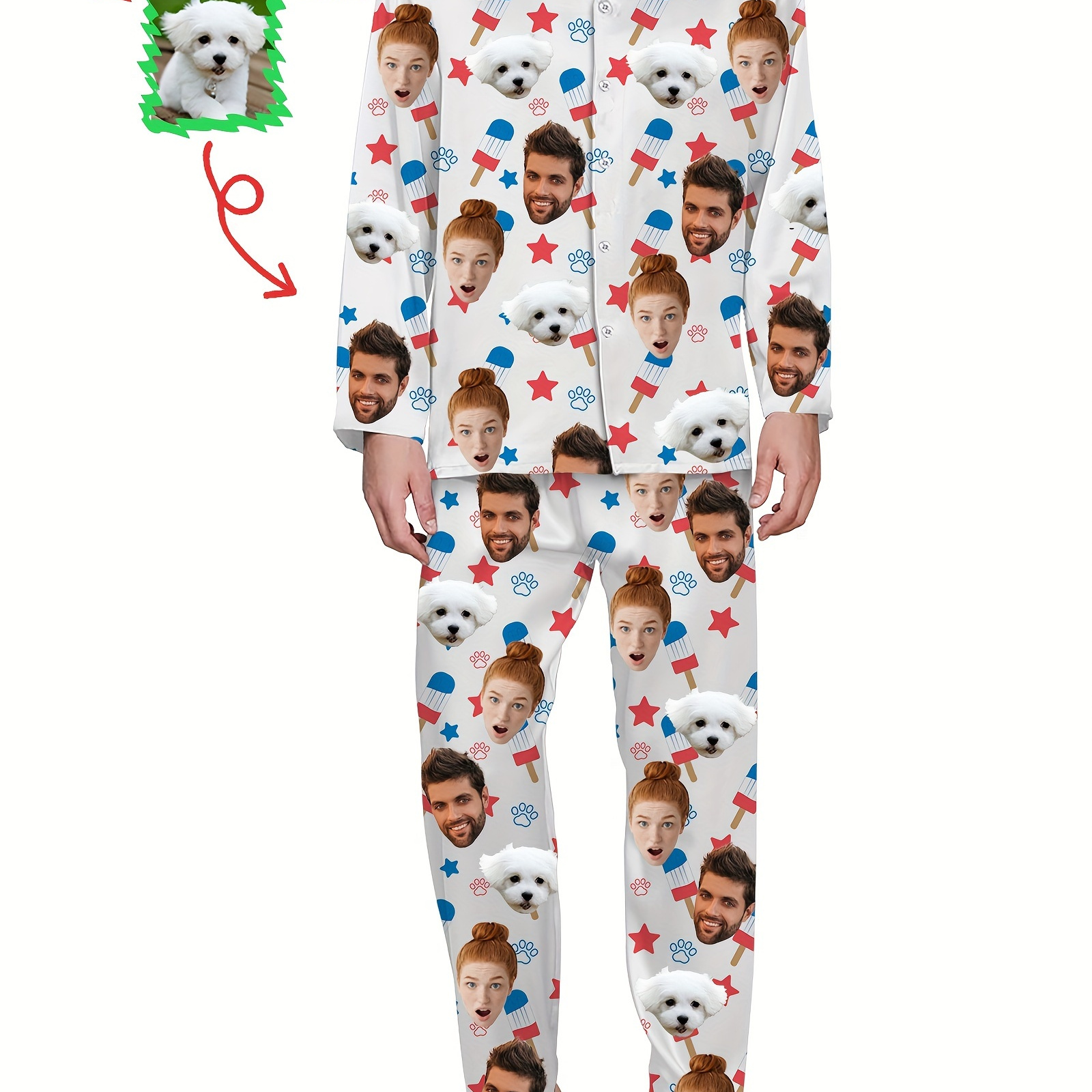 

Cozy Custom Photo Pajama Set For Men - Soft Long Sleeve Top & Straight-leg Pants, Unique Personalized Gift Idea For Christmas, Parties, And