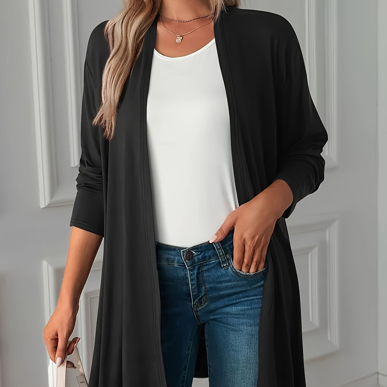 Plus Size Casual Coat Women's Plus Solid Long Sleeve Open - Temu