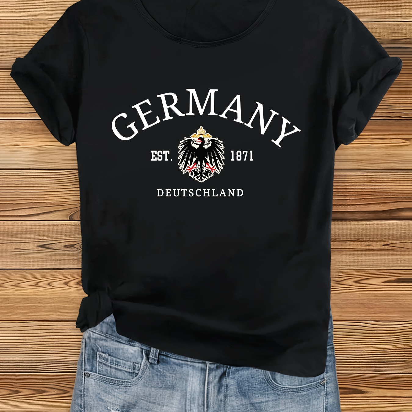 

Germany Letter Print T-shirt, Short Sleeve Crew Neck Casual Top For Summer & Spring, Women's Clothing