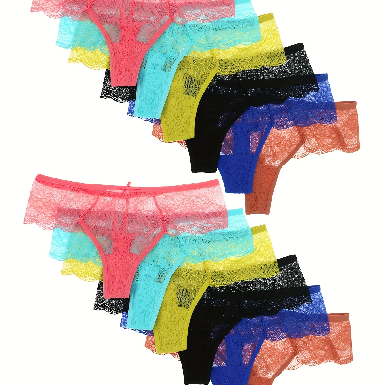 

12 Pcs Women's Lace Thong Panties, Sexy Low-rise See-through Underwear, Assorted Colors, Comfortable T-back Style