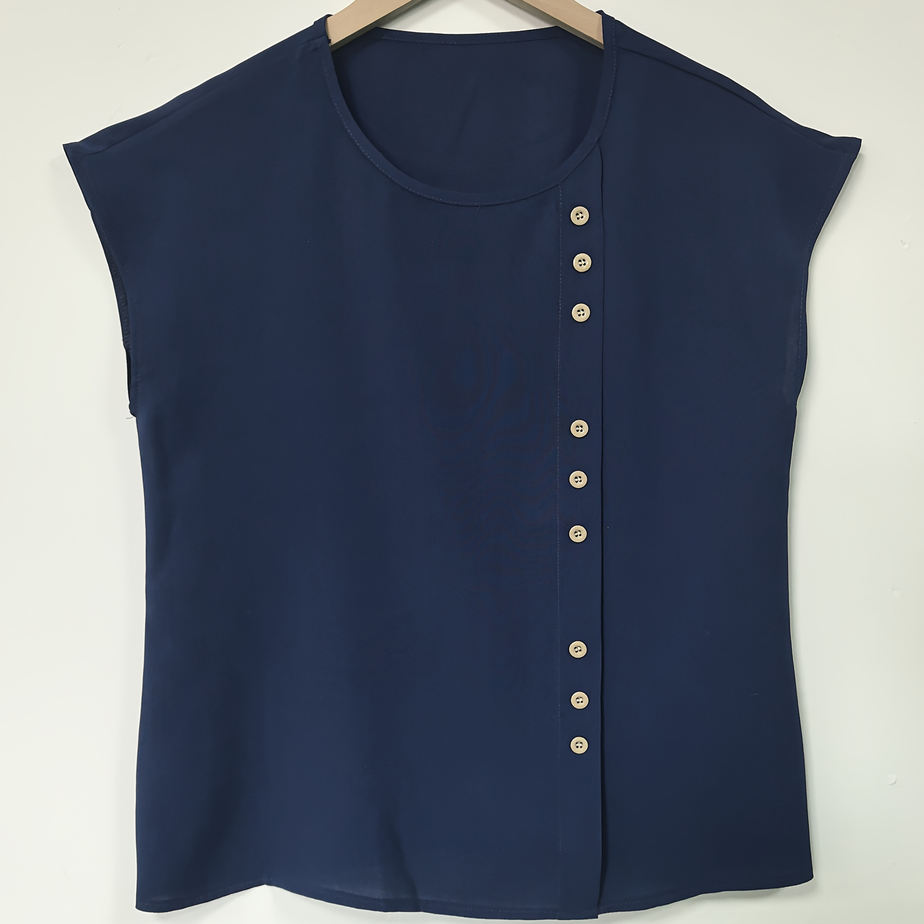 

Blouse Élégante en Mélange de Lin Bleu Marine avec Boutons Décoratifs - Col Rond Décontracté, Haut à Manches Courtes pour Femme, Lavable en Machine, pour & l'Été